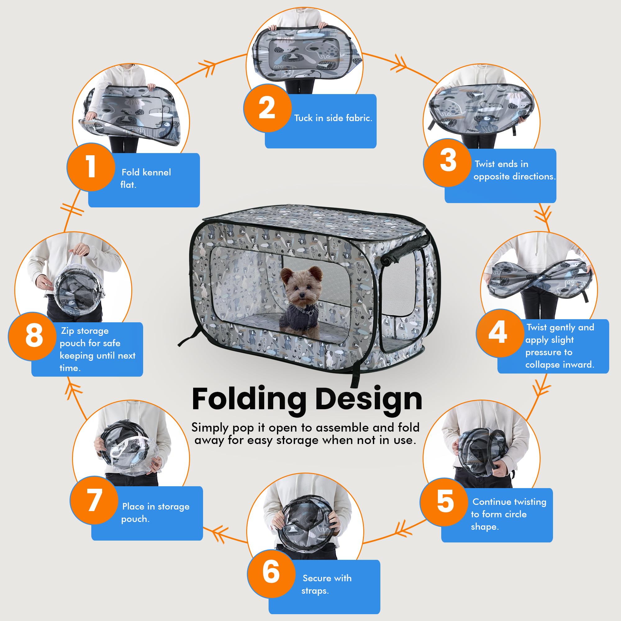 Beatrice Home Fashions Portable Pop Up Kennel Crate, 32.5"L x 19.5"W x 19.5"H, Polyester, Tail Waggers Color, Model PR