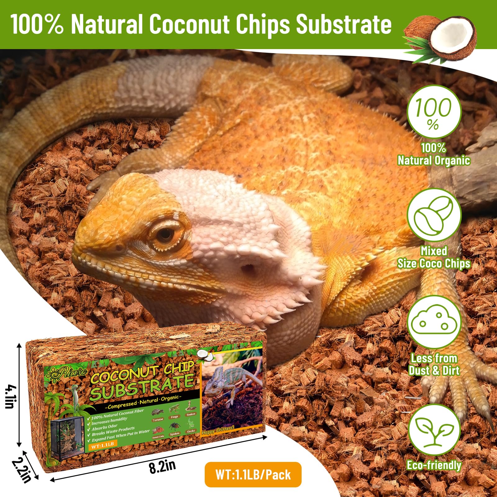 Riare 2 Pack Natural Coconut Chip Substrate for Reptiles- Compressed Coconut Husk Reptiles Bedding, Coco Husk Chip Terrarium Sub