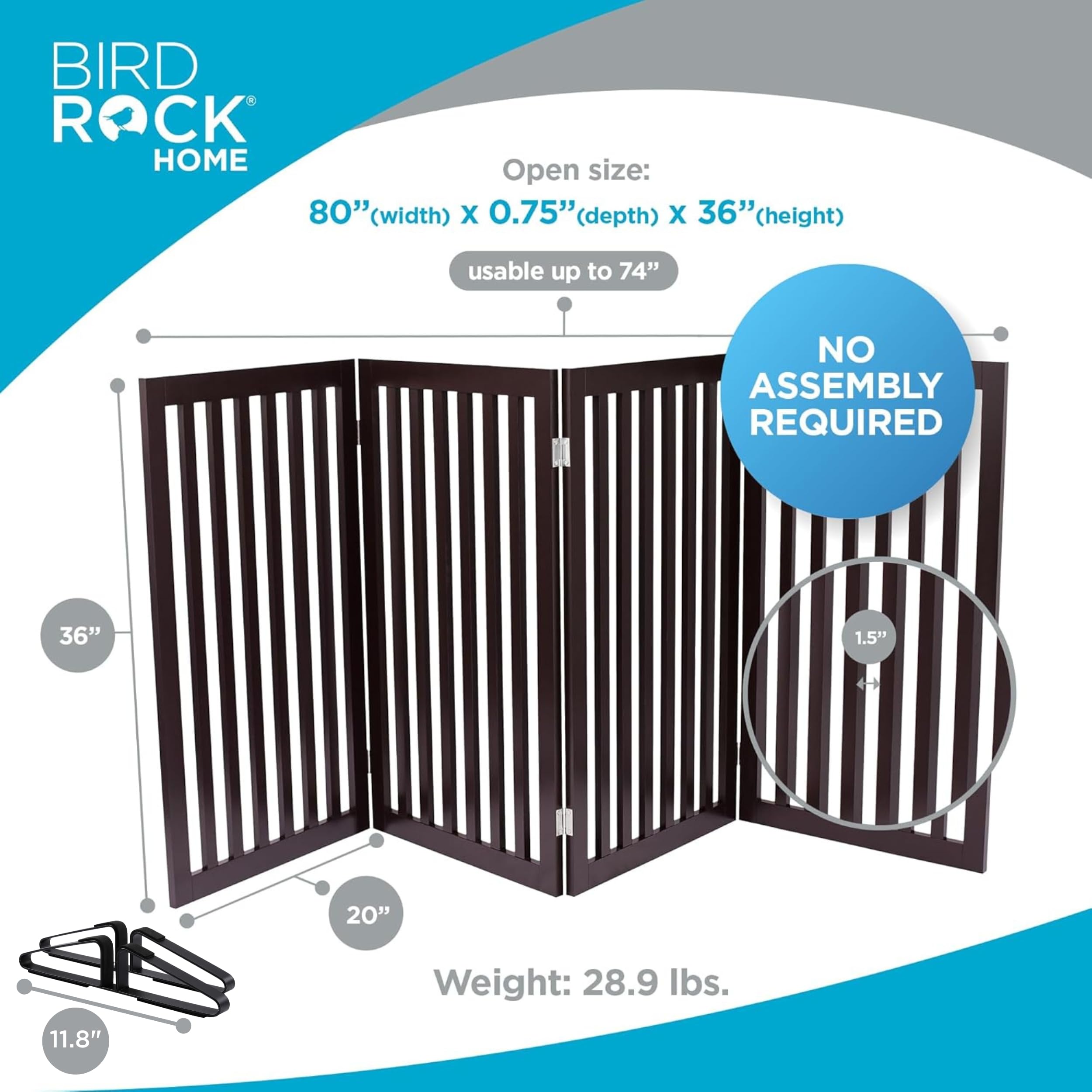 INTERNETS BEST Dog Gate with Support Feet, Indoor Freestanding Pet Barrier, Folding Wood Cat or Dog Fence, Extra Wide Doorway P