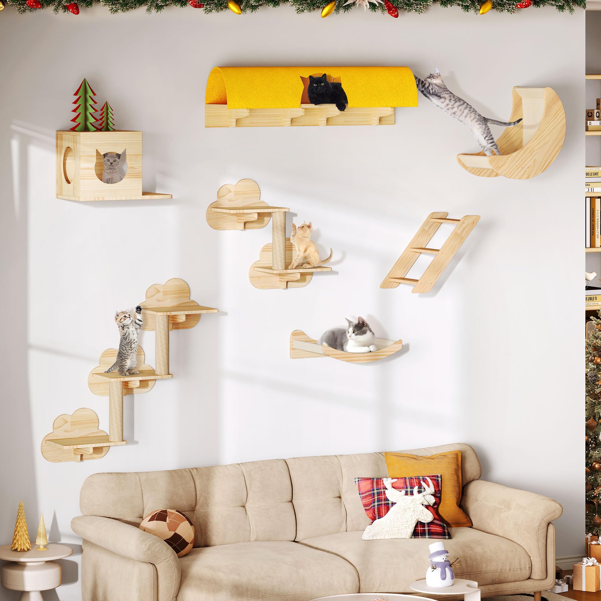 Homiflex Cat Wall Shelves and Perches, Solid Wood Wall Mounted Cat Furniture, Set of 13 Cat Climbing Shelves with Moon Hammock, 