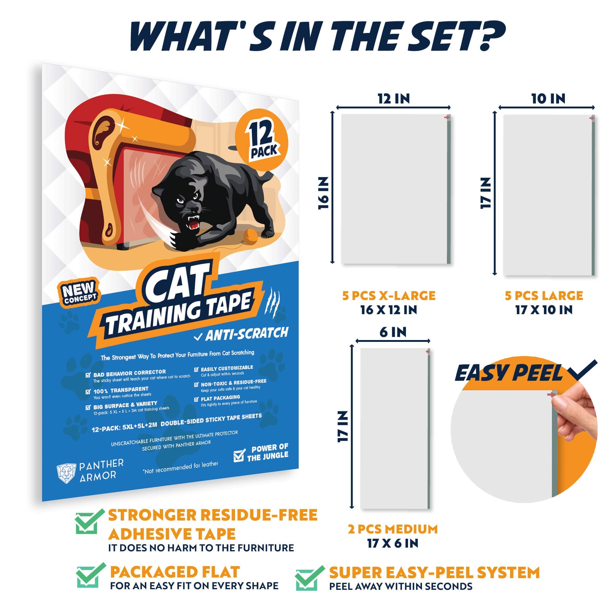 Panther Armor Cat Scratch Deterrent Tape - Double Sided, Clear, Plastic, 12-Pack, Couch Corner Protector