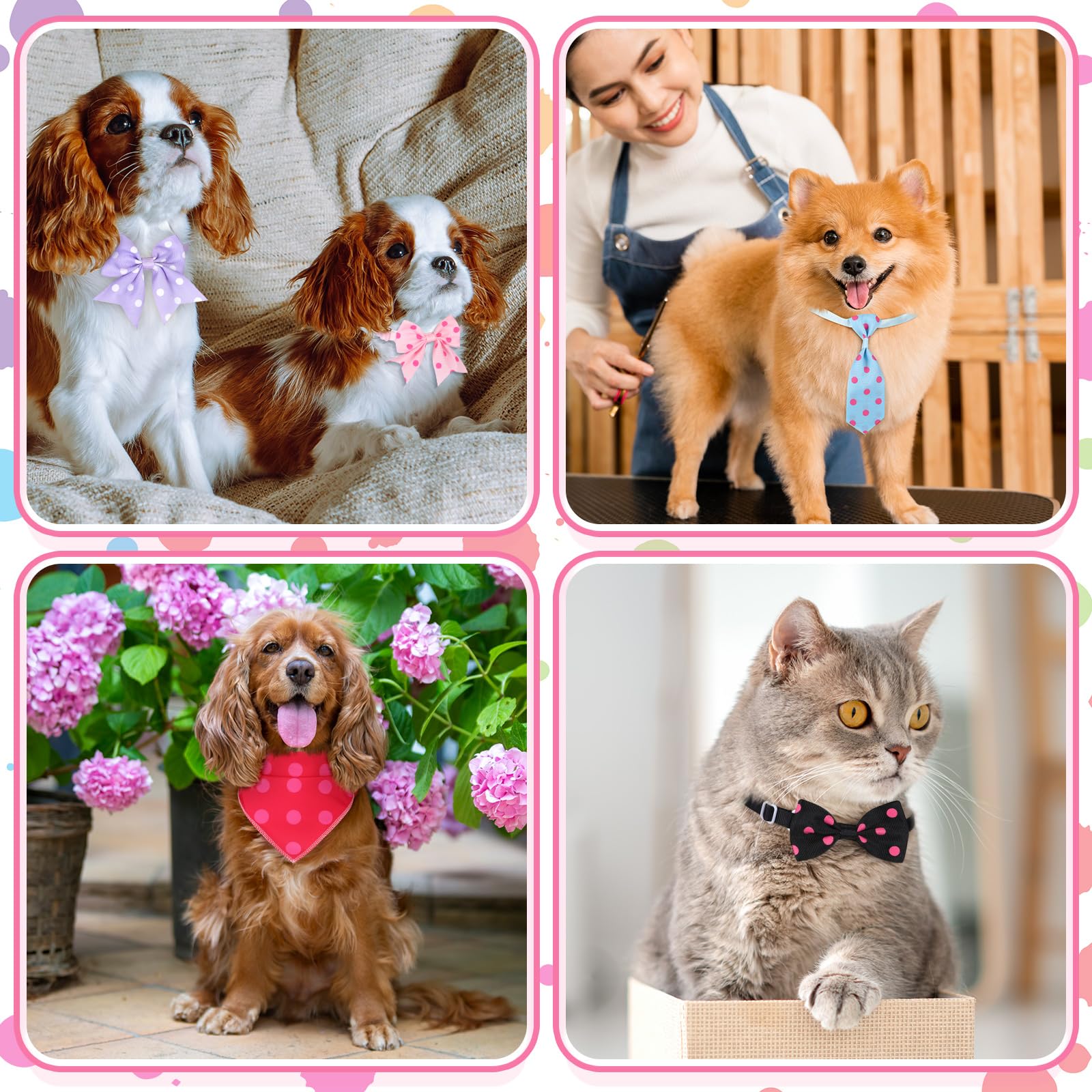 Reginary 120 Pcs Polka Dot Dog Bandanas Bulk Dog Bows Set Bow Ties Cat Scarf Colorful Washable Triangle Pet Kerchief Cute Bib Fo