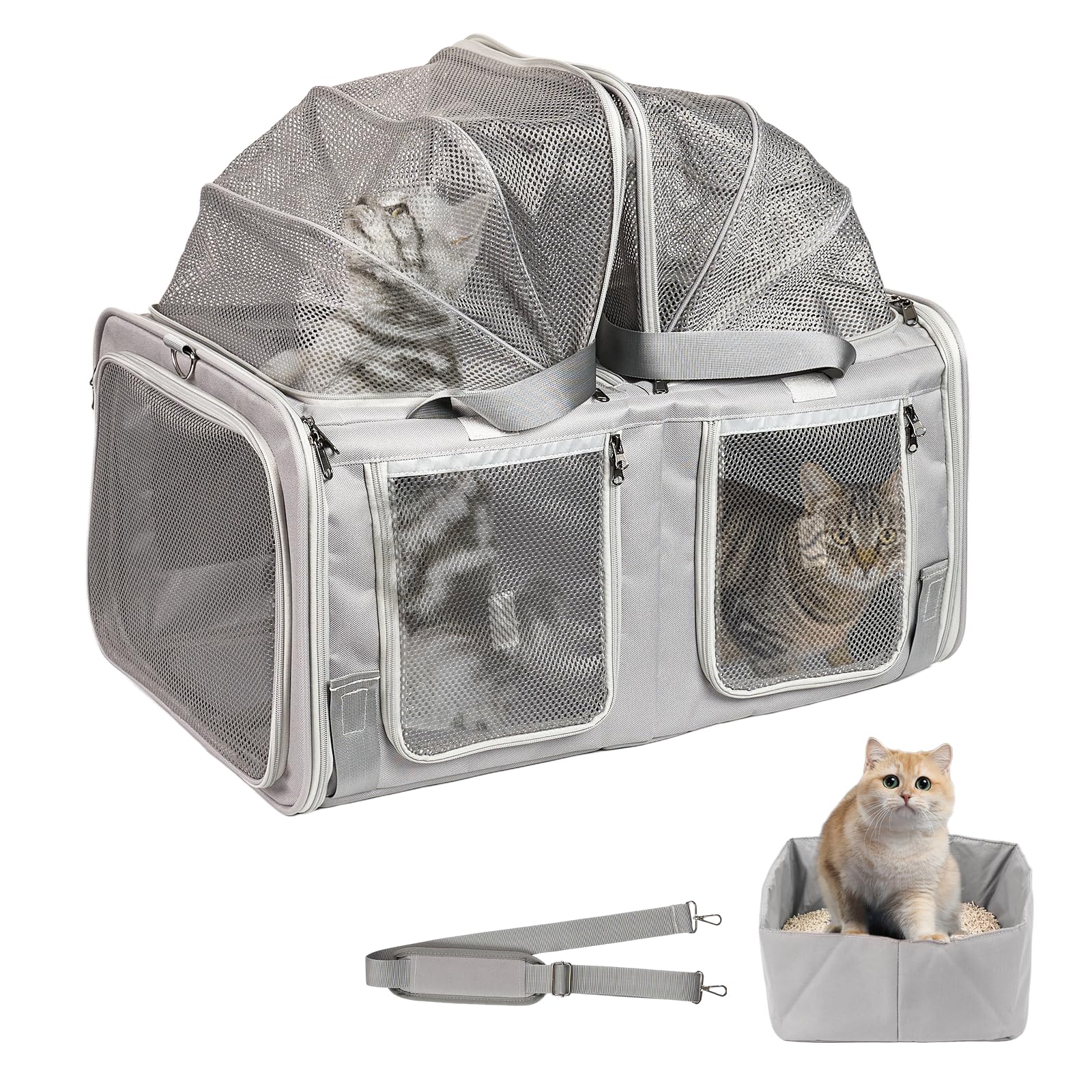 Cat Carrier For 2 Cats With Litter Box, Litail Top Expandable Cat Travel Carrier For Car Travel, With Breathable Mesh, Up To 25L