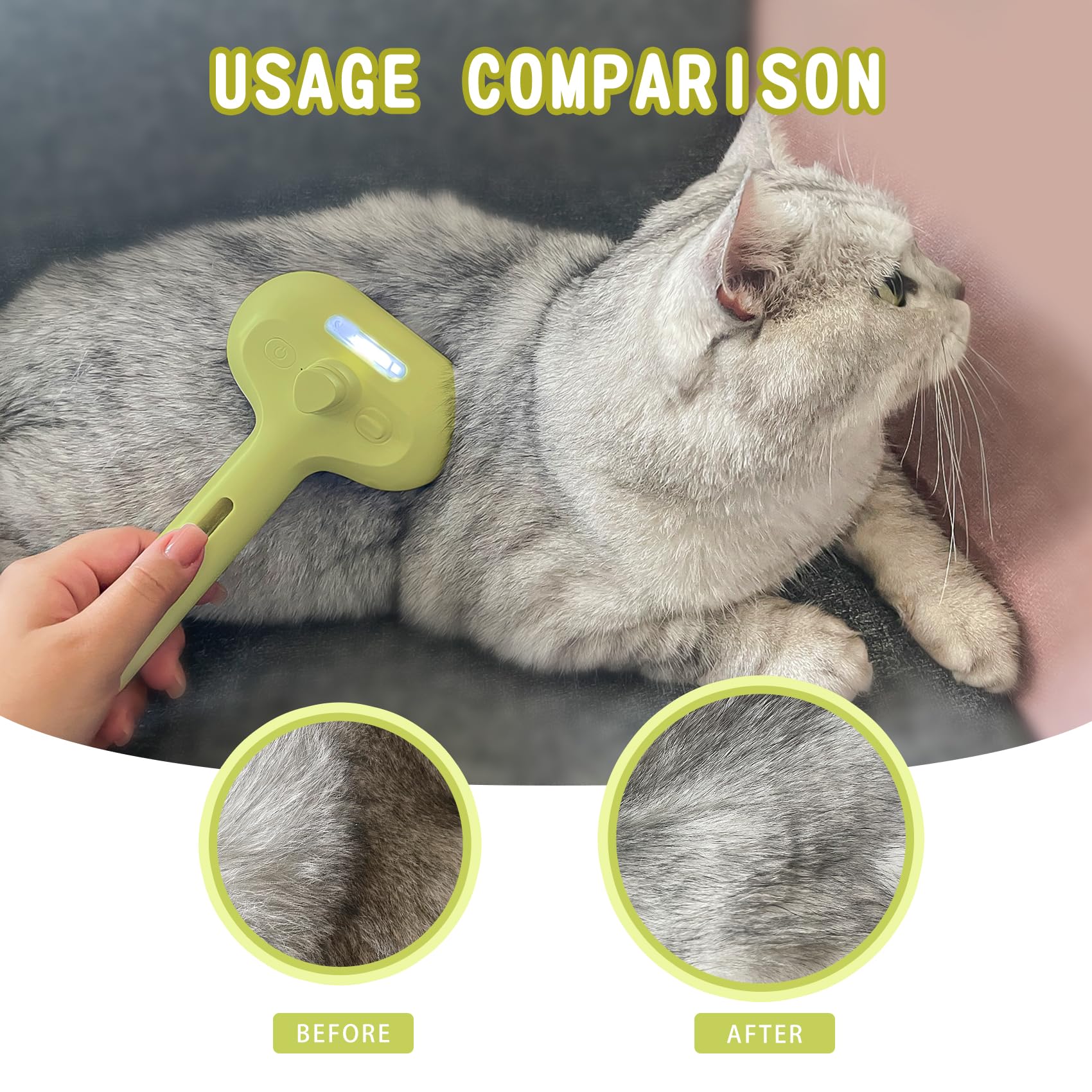 Cat/Dog Grooming Brush With Steamer - Deshedding Brush For Pet Hair, Bath Brush With Water Spray And Hair Comb (Yellow)