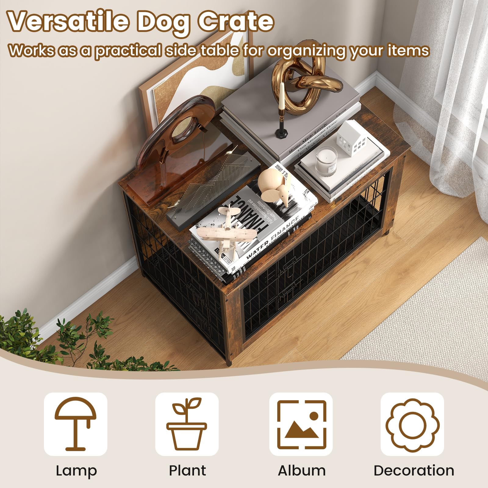 Petsite Industrial Dog Crate Furniture With Removable Tray, Wooden Dog Crate With Double Doors, Dog Furniture End Table, Dog Ken