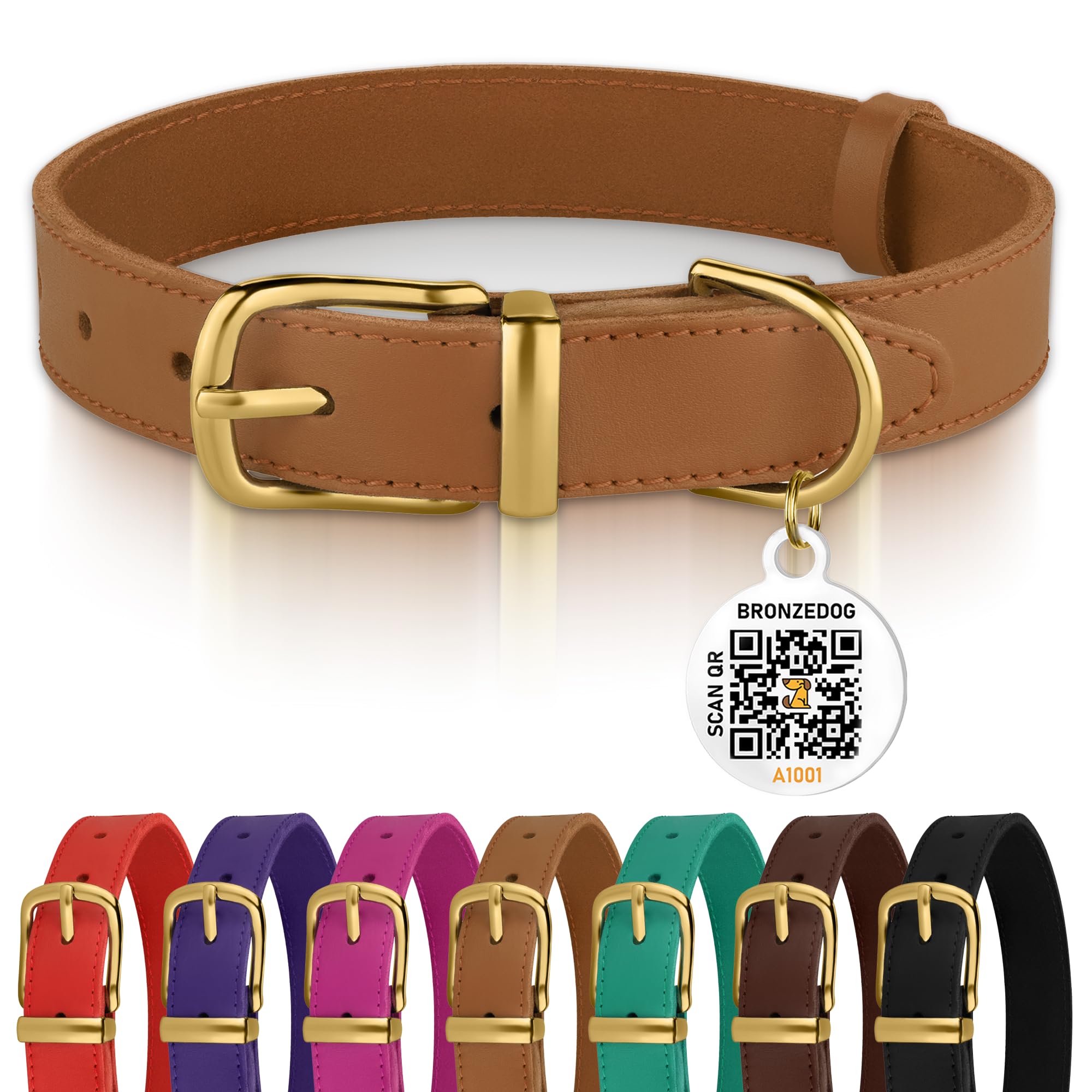 Bronzedog Leather Dog Collar With Qr Id Tag Basic Pet Collars For Small Mini Dogs Cats Puppies (9-11 Inch (Pack Of 1), Light Bro