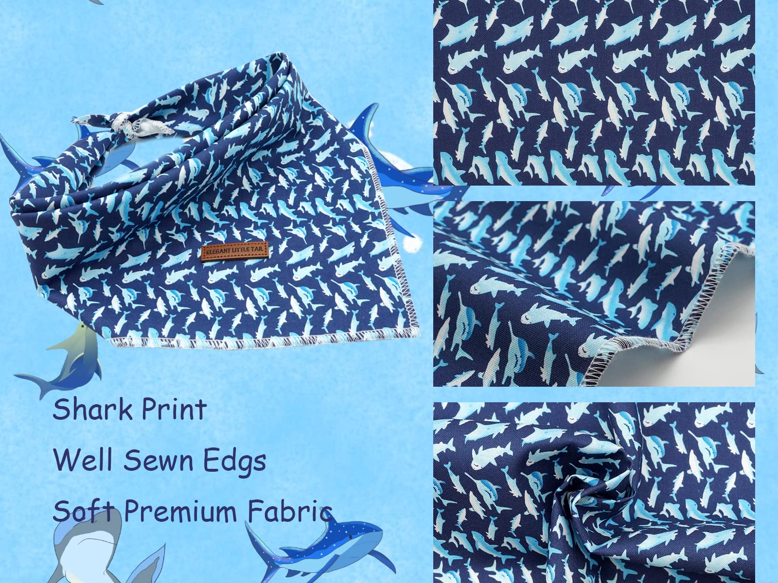 Elegant Little Tail Dog Bandana - Shark Print Pet Birthday Gift, Boy Bibs Scarf, Soft Adjustable Square Kerchief For Large Dogs