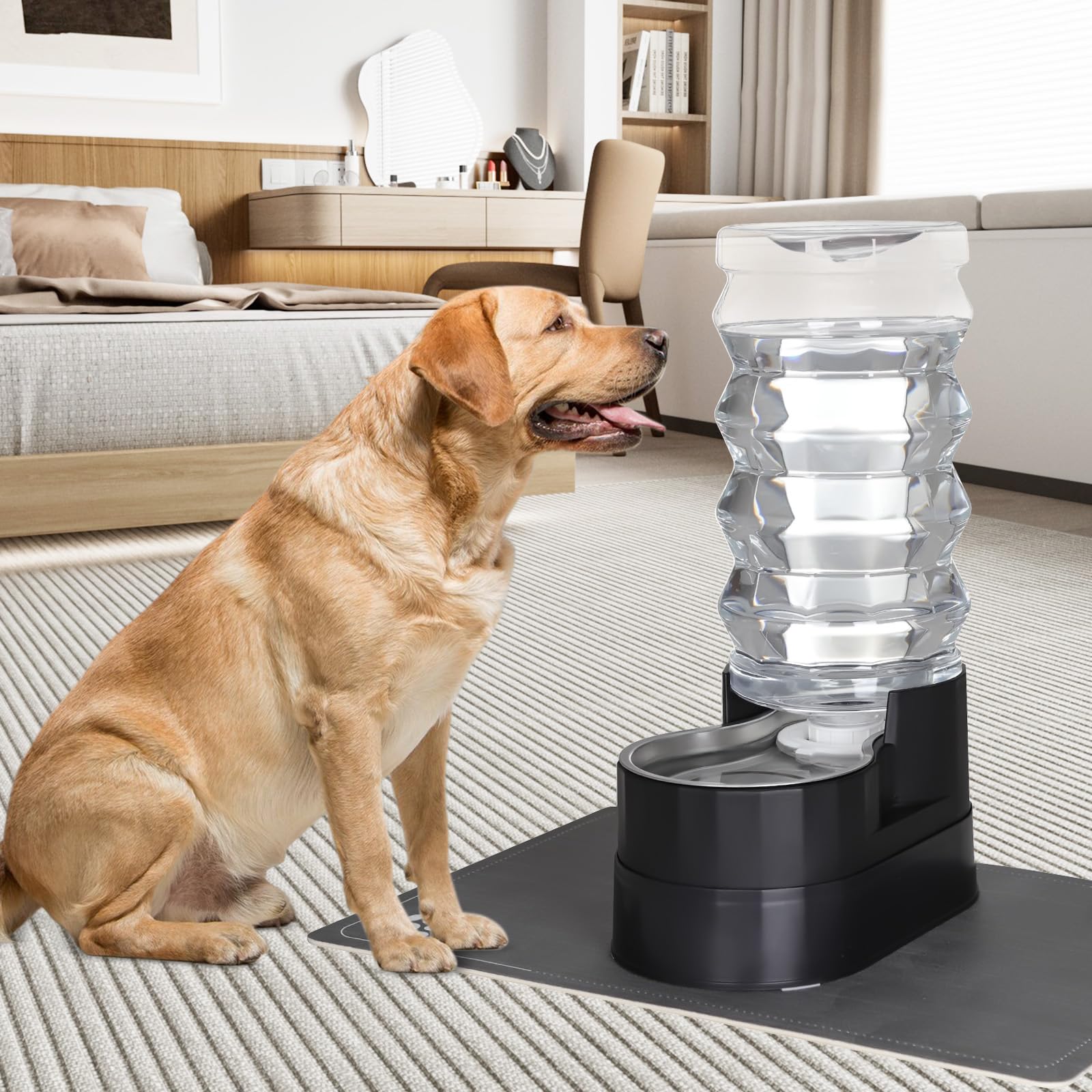 RIZZARI Upgraded Automatic Dog Water Dispenser: 9L Black Gravity Large Stainless Steel Raised Pet Feeder with Filter - Includes
