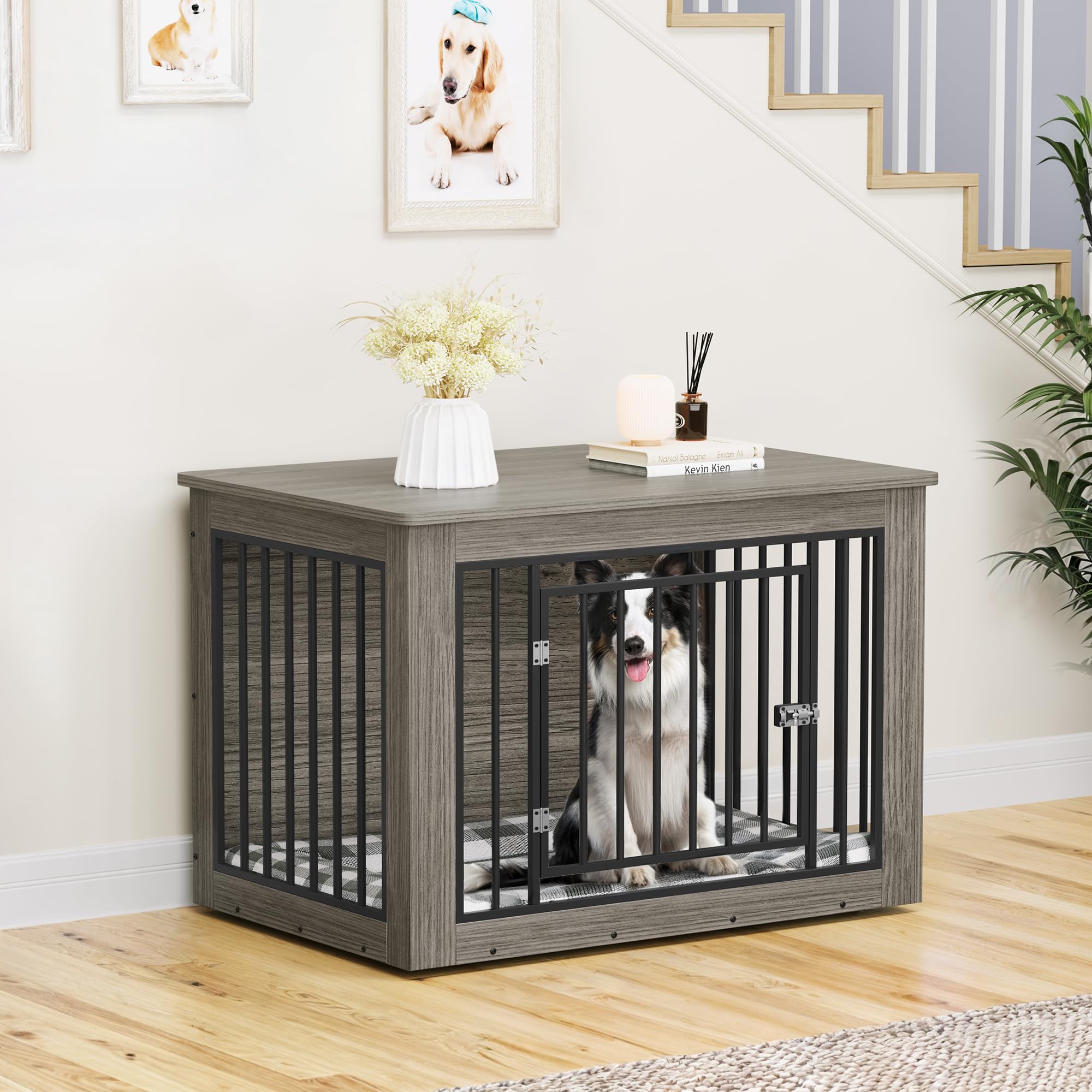 YITAHOME Dog Crate Furniture for Large Dogs, Side End Table, Modern Dogs Kennel Indoor up to 60 lb, 2-in-1 Iron-Wood Fusion Dog