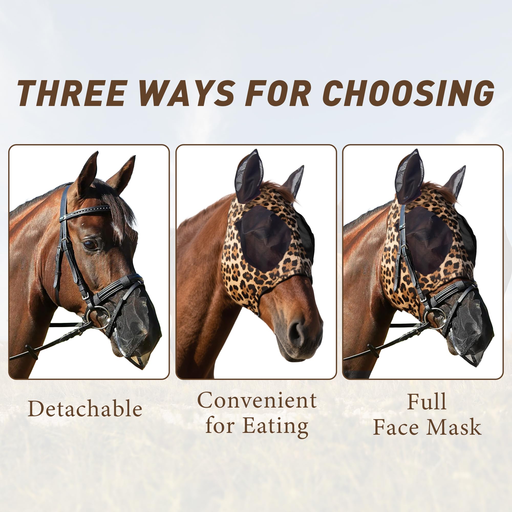 Qoroos 2 in 1 Set Detachable Horse Fly Mask with Nose Cover Fly Masks for Horses with Ears & Eyes Elastic for All Face UV Protec