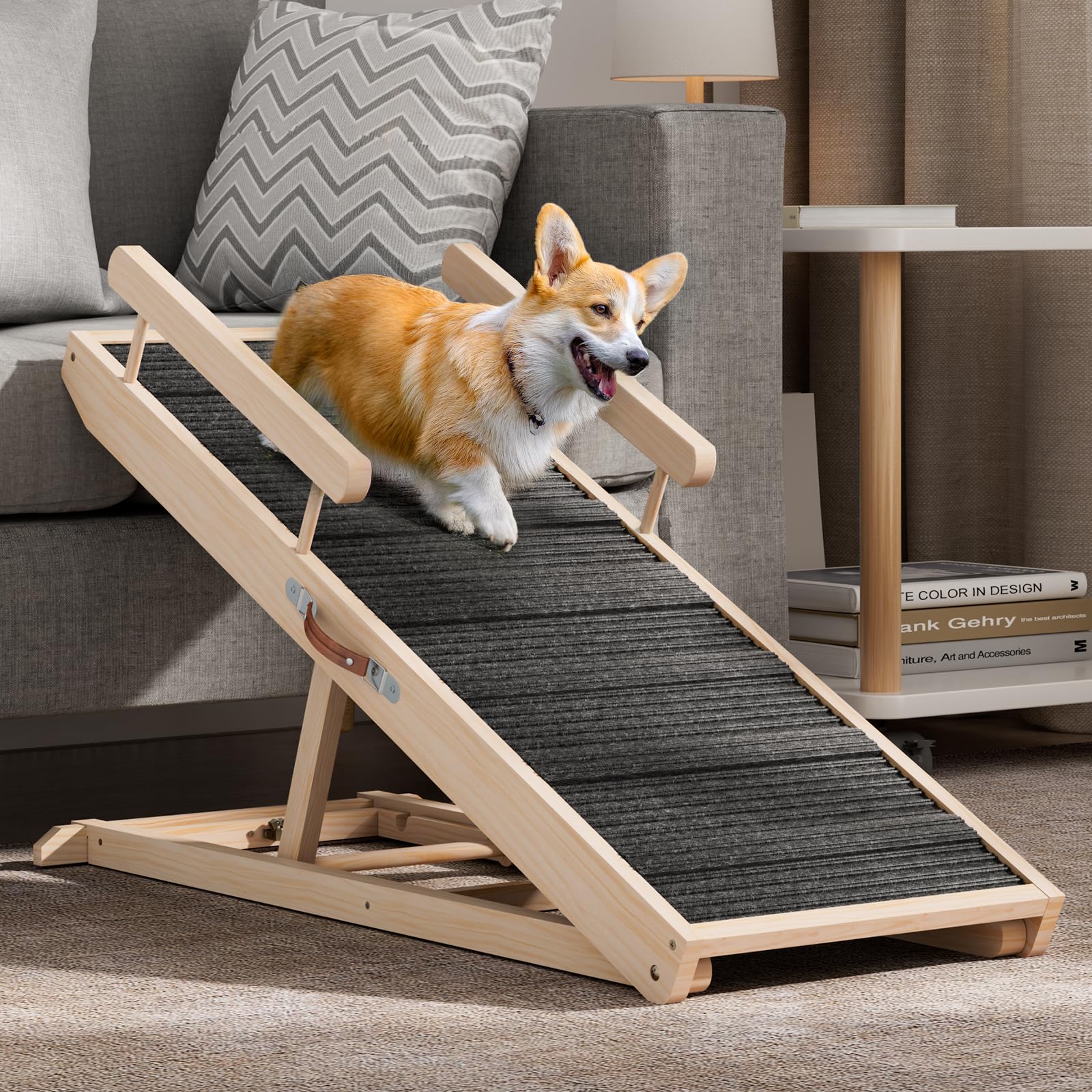 Chuiendi Dog Ramp For Bed, Couch, Car, Folding Pet Ramps 44.48'' Long Adjustable 15''-22'' Wooden Stairs With High Traction Mat 
