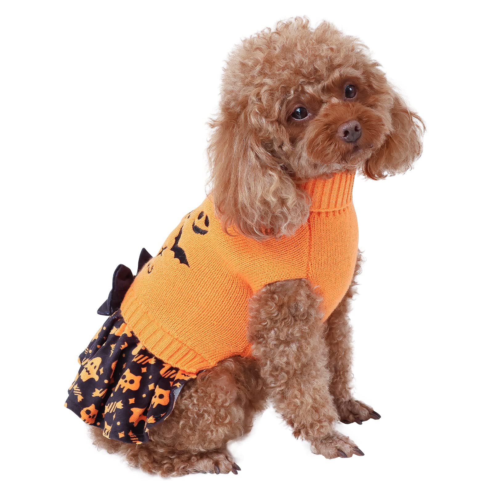 Cutebone Halloween Dog Sweater Dress Trick Or Treat Knit Turtleneck Puppy Sweater With Bowtie Harness Hole Pullover Winter Dress
