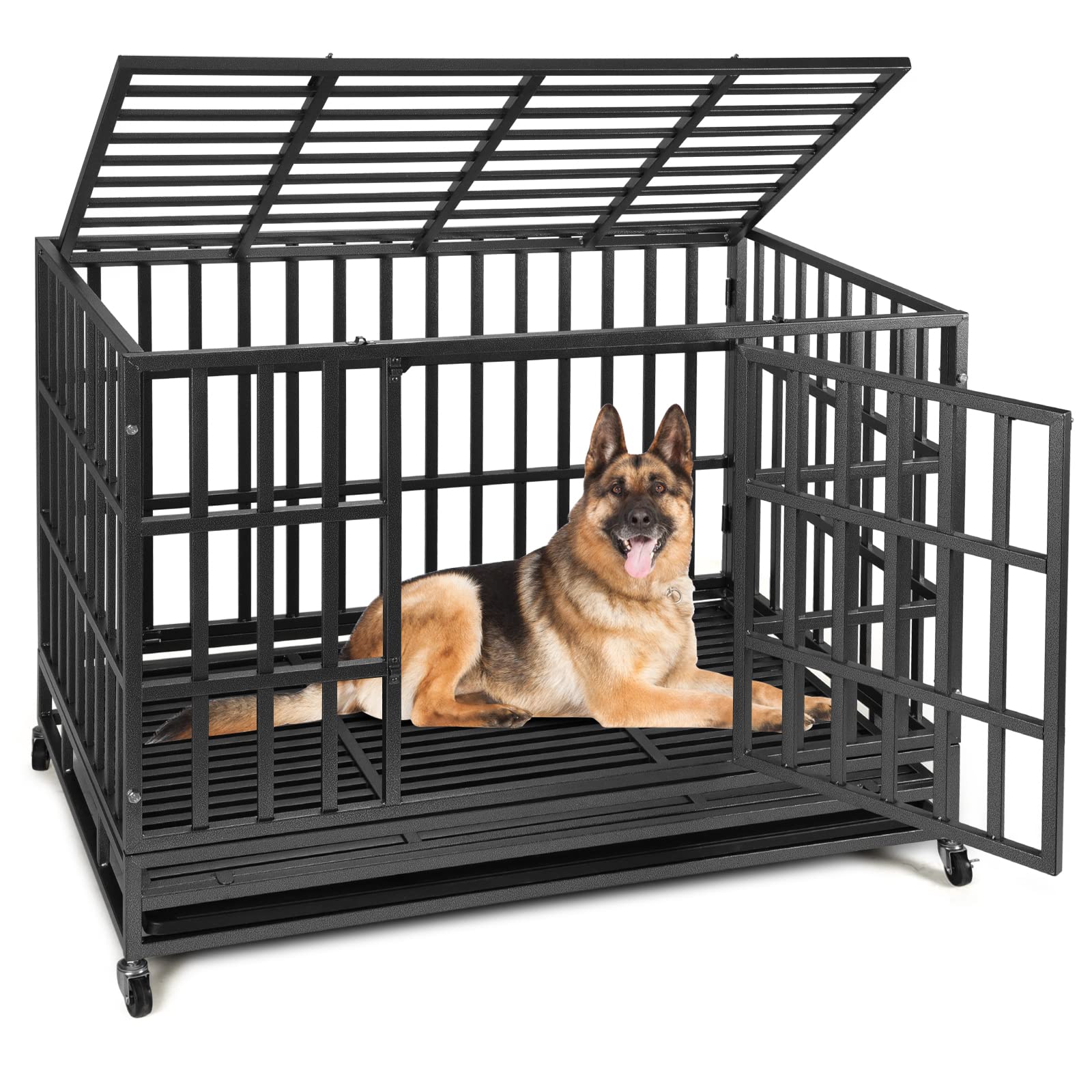 Shushim 48 Inch Heavy Duty Dog Crate Kennel With Wheels, High Anxiety Indestructible Dog Crates For Large Dogs, Xl Xxl Extra Lar