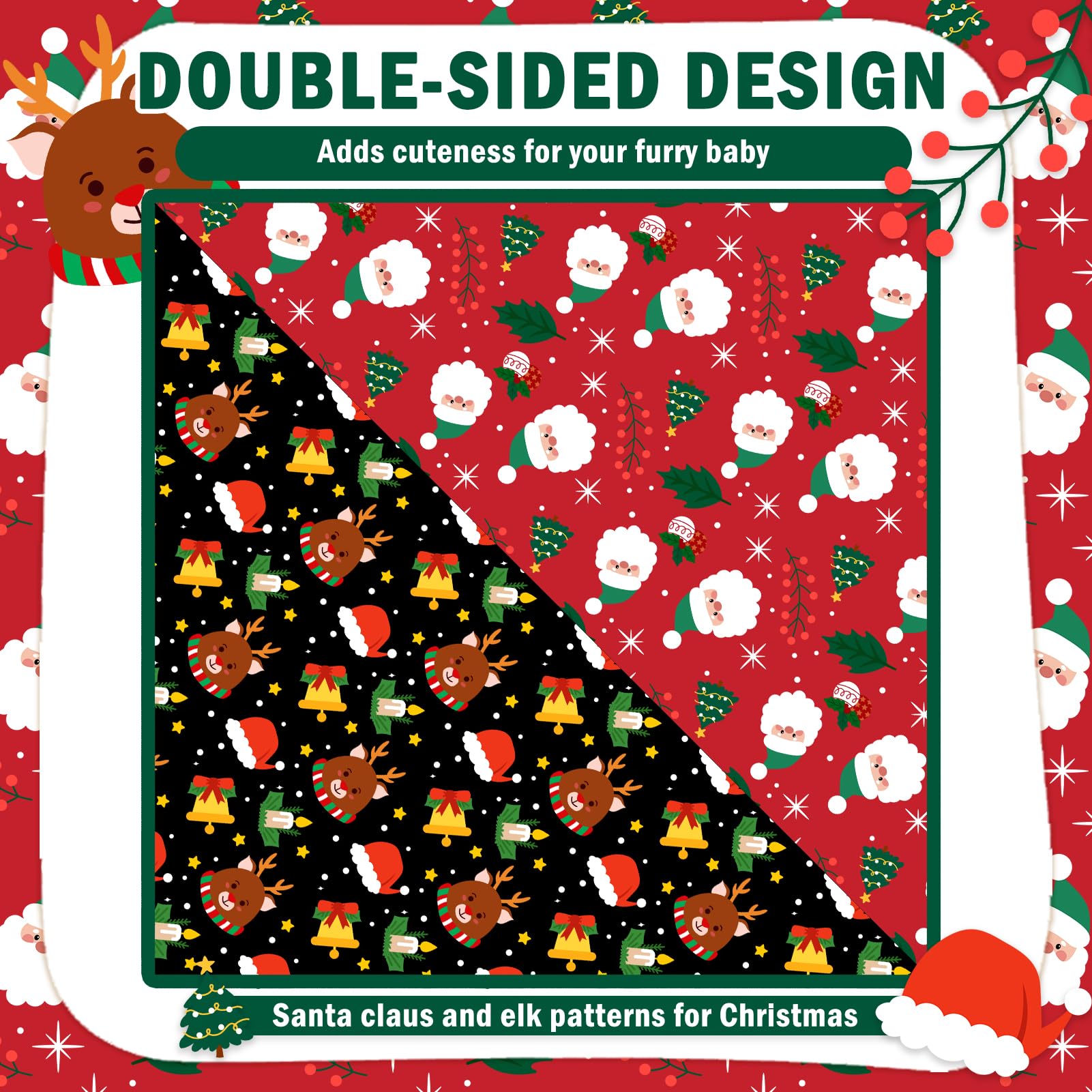 Scenereal Christmas Dog Bandanas 2 Pack, Puppy Xmas Santa Claus Elk Triangle Bibs Handkerchief, Reversible Holiday Dog Bandana F