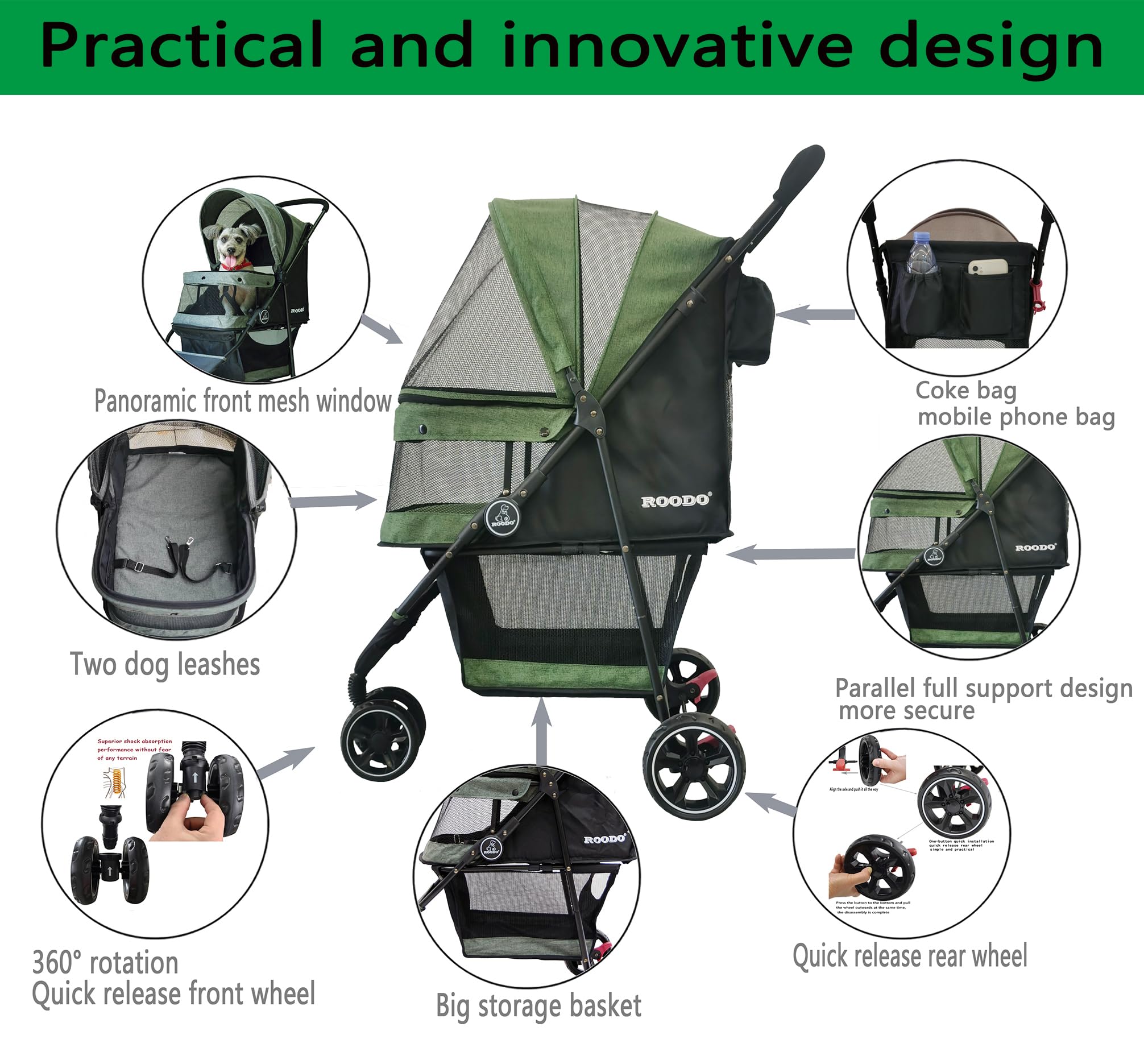Roodo 3 Wheel Pet Stroller Best Lightweight Foldable Compact Portable Jogger All Terrain Travel Pet Gear Puppy Kitty Stroller Fo
