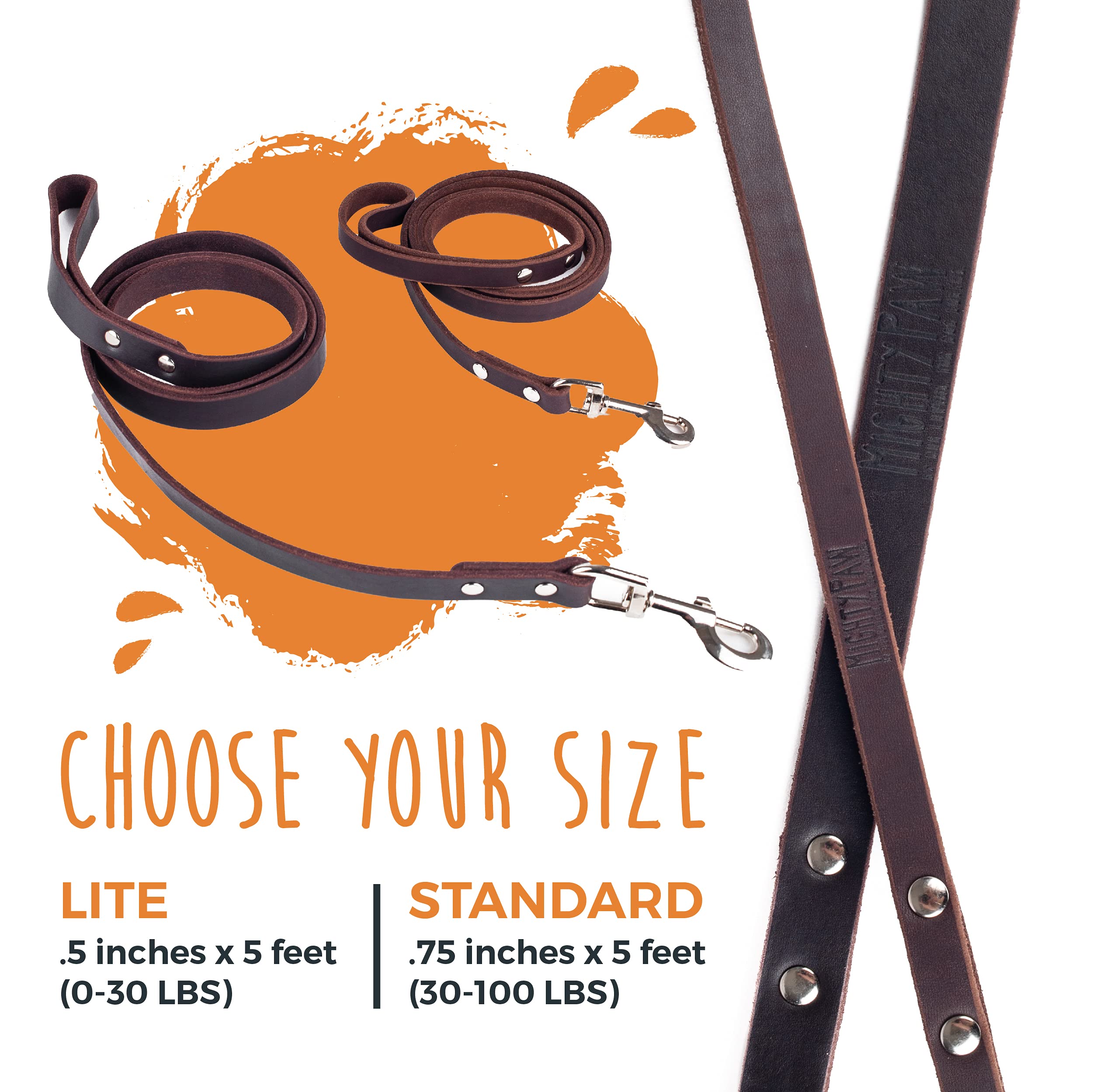 Mighty Paw Leather Dog Leash - Genuine Distressed Material - Premium - Suitable For All Pet Sizes - Heavy Duty Dogs Leashes - Modern - Dark