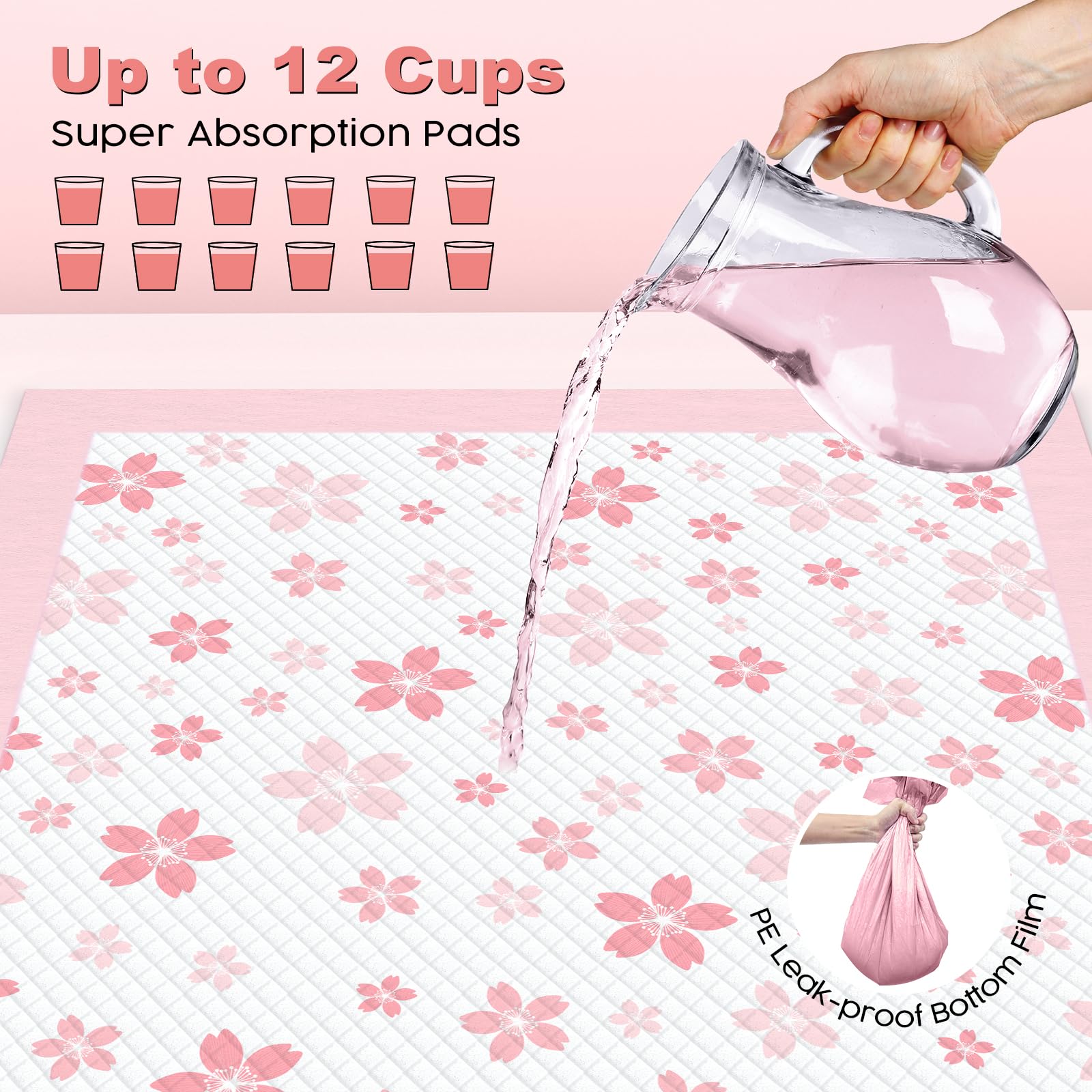 MIZOK 36x36in Puppy Pads Pink, Dog Pee Pads Leak-Proof with Quick-Dry Surface, Dog Pads Extra Large with Cherry Blossom Prints,