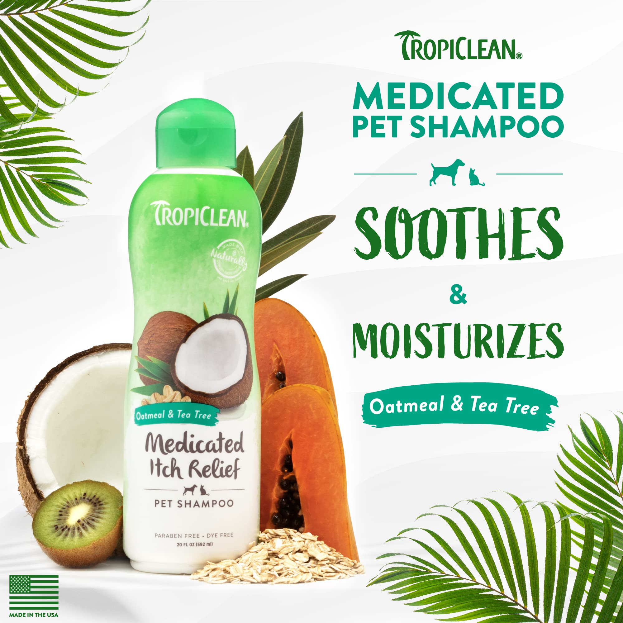 Tropiclean Oatmeal Dog Shampoo For Itchy Skin Relief, Soothing Medicated Itch Relief, With Vitamin E, Puppy Safe, Made In Usa, Cat Friendly, 20 Oz.