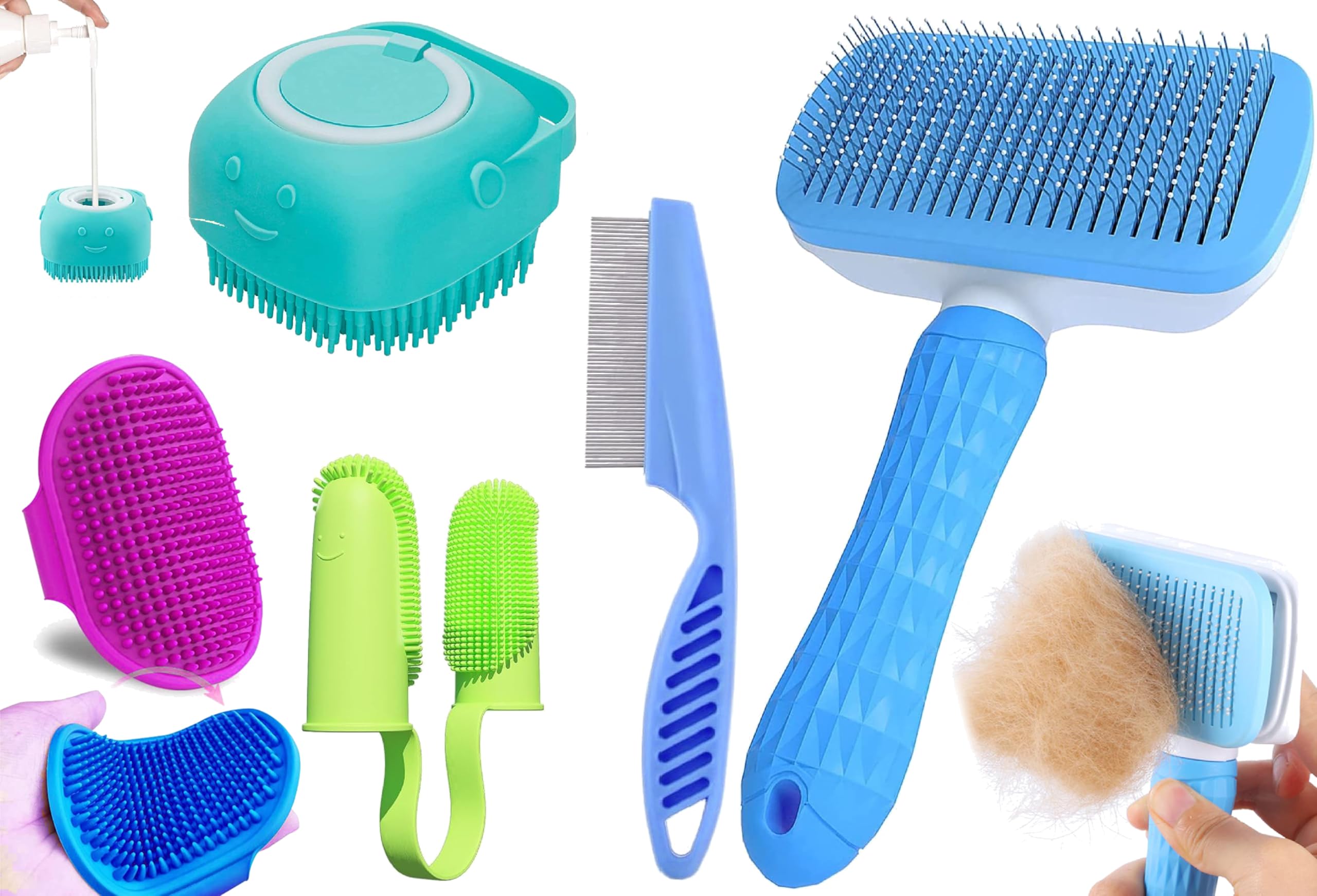 5Pcs Pet Grooming Set Self Cleaning Slicker Brush Pets Long Short Hair Brushes Removes Massage Rubber Bath Shampoo Washing Brush
