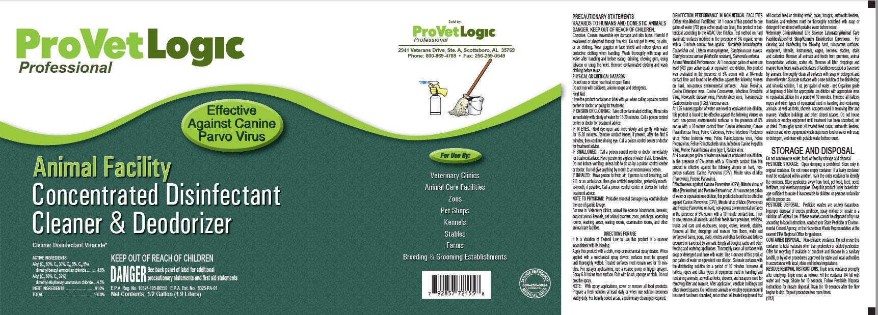 Provetlogic Animal Facility Disinfectant Cleaner & Deodorizer (Concentrated) - 0.5 Gallon