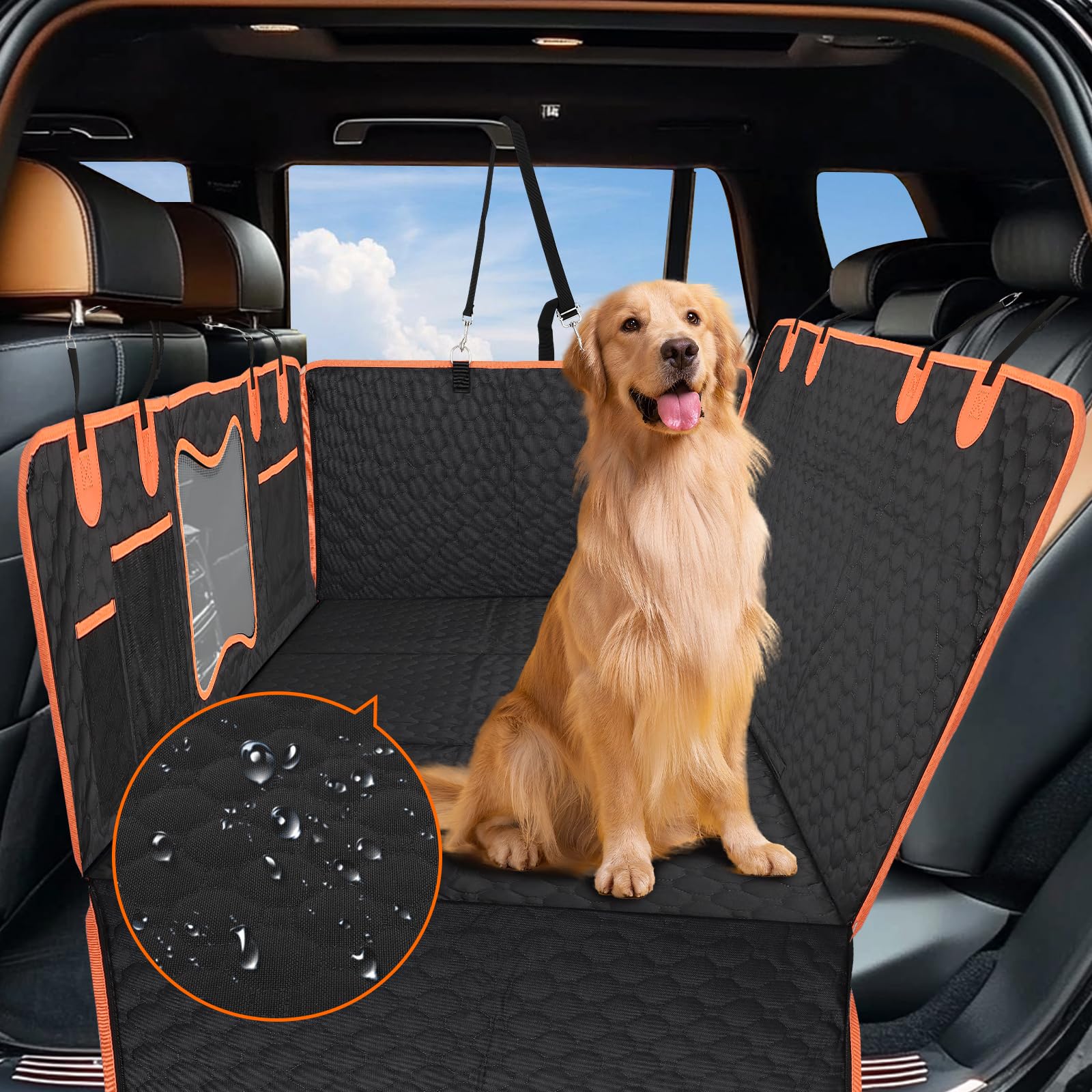 Fahkns Dog Car Seat Cover With Hard Bottom-Detachable,Back Seat Extender For Dogs 600D Heavy Duty Scratch Waterproof With Mesh W