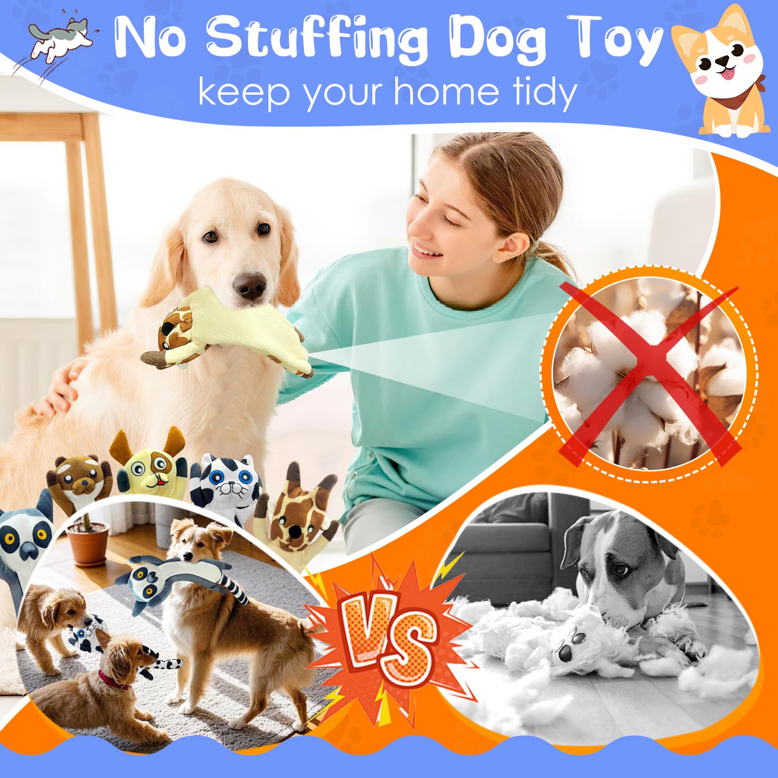 Dog Toys For Aggressive Chewers - 5 Pack Plush Crinkle No Stuffing Dogs Chew Toys For Small, Medium, Large And Puppy Teething Ch
