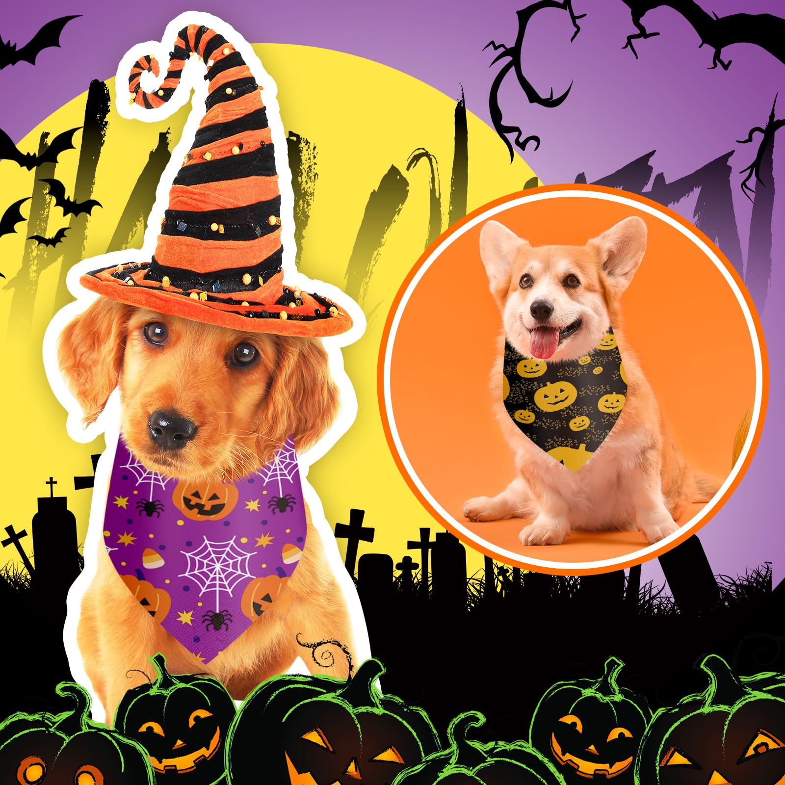 Shyyween 100 Pieces Halloween Dog Bandanas Bulk Pumpkin Ghost Bandanas for Dogs Soft Triangle Bibs Adjustable Triangle for Small