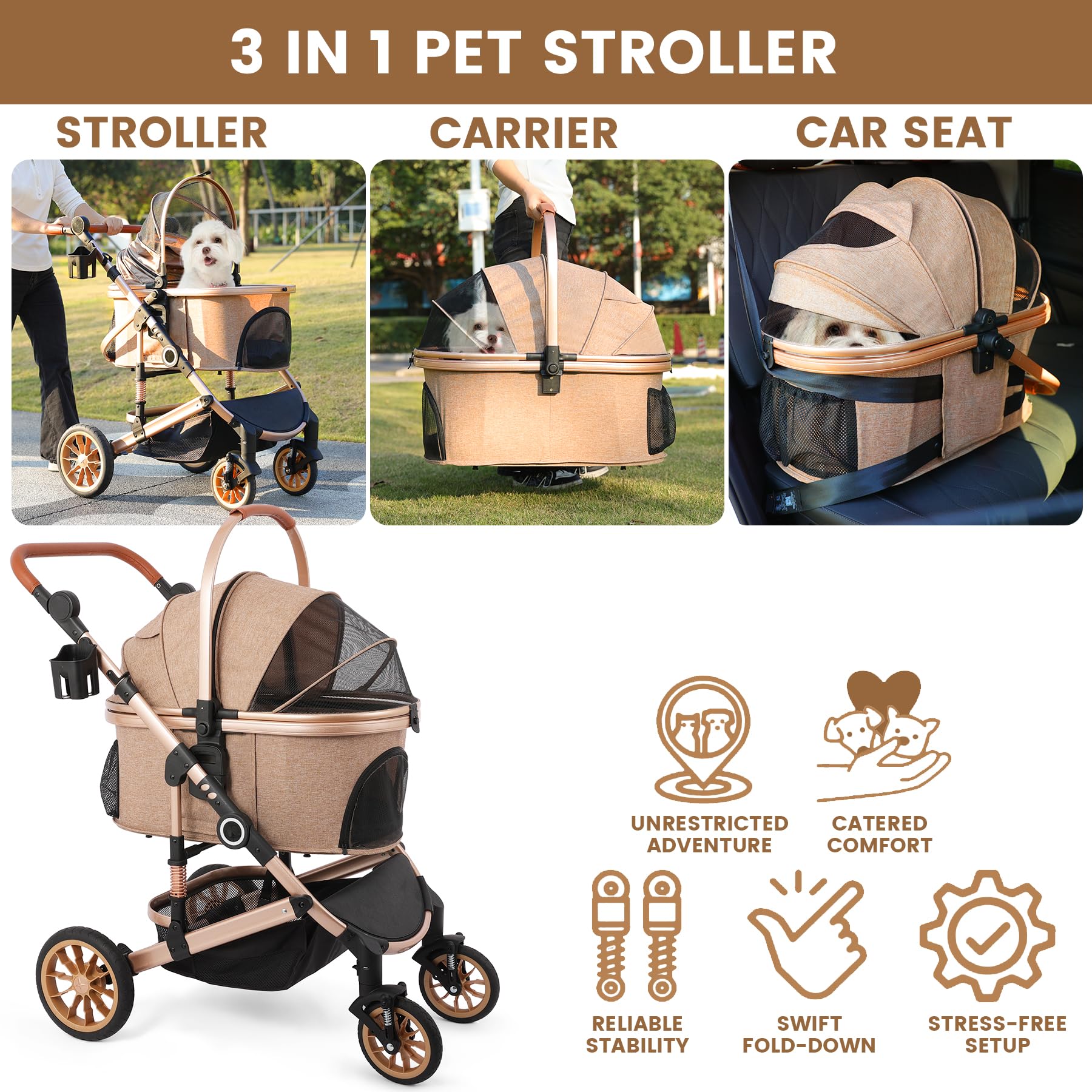 Pet Stroller With 4 Wheels, Foldable Pet Travel Carrier For Small/Medium Dogs Cats Up To 50Lbs, Detachble Portable Pet Bag, Stor