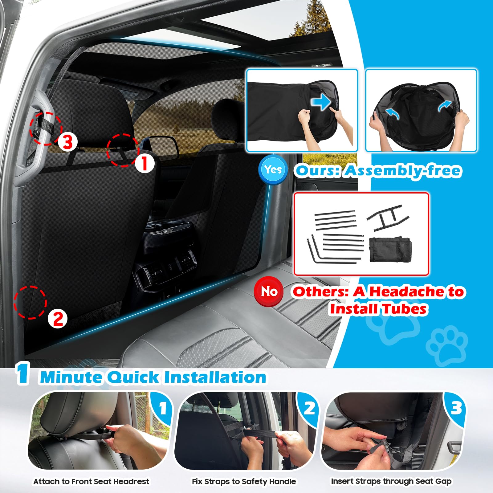 Automiim Dog Car Barrier Behind Front Seat, 61.4'' Wide Car Pet Barrier One-Piece Design, Dog Car Divider Back Seat Barrier For