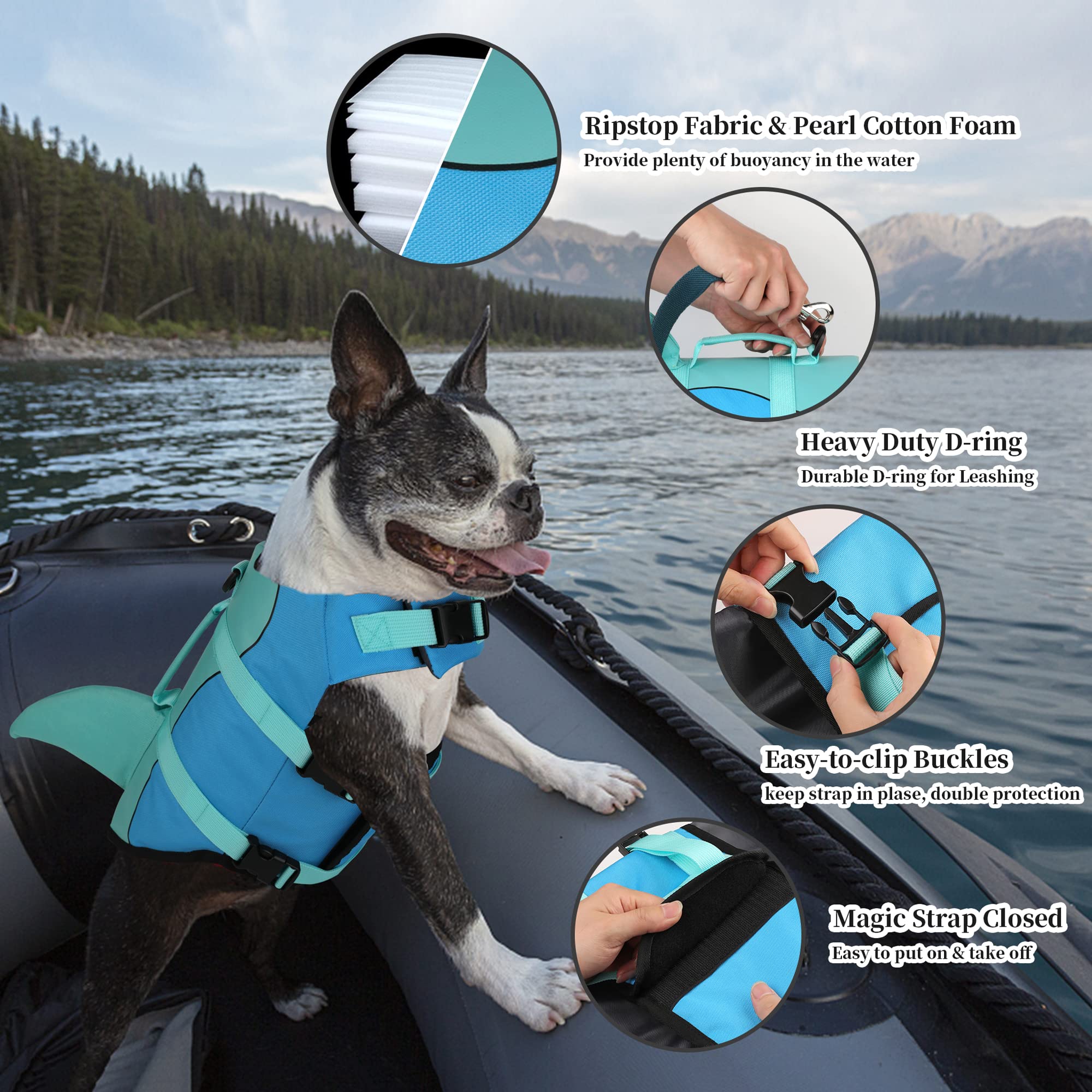 Dogcheer Dog Life Jacket - Adjustable Shark Vest for Swimming, Small, Pool Blue, 100% Polyester, Superior Buoyancy, Rescue Handle
