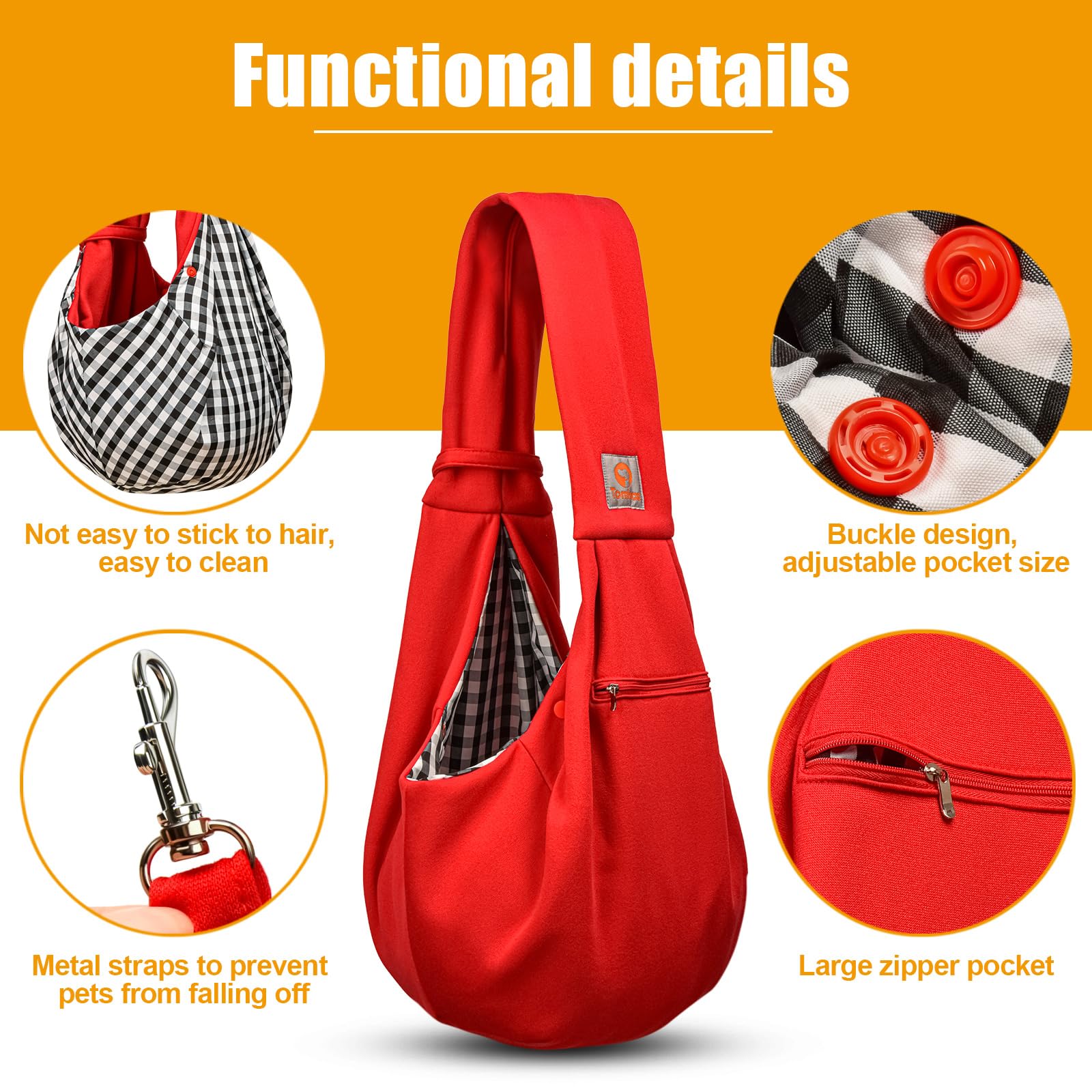 Tomkas Small Dog Sling Carrier - Zipper Pocket & Classic Strap - For 3-10 Lbs Pets(Red)