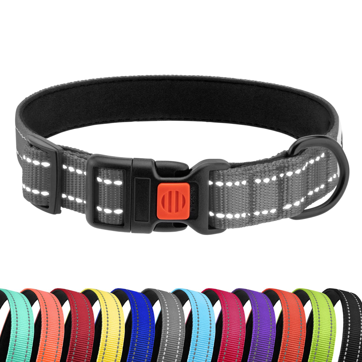 Collardirect Reflective Padded Dog Collar For A Small, Medium, Large Dog Or Puppy With A Quick Release Buckle - Boy And Girl - Nylon Suitable For Swimming (14-18 Inch, Grey)