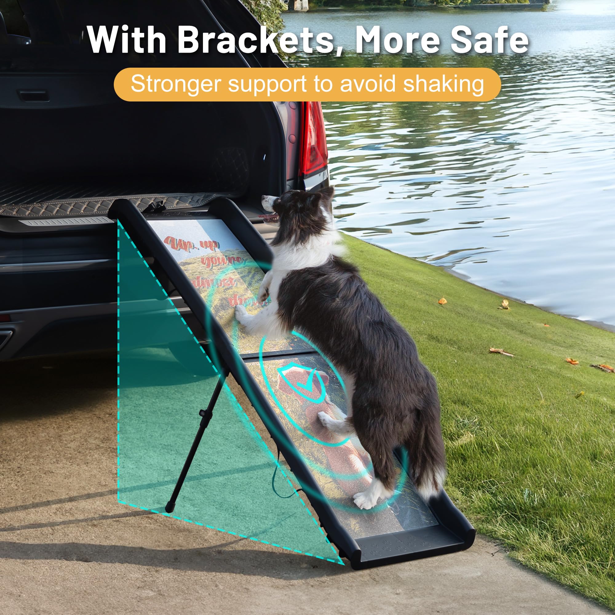 Coziwow Foldable Dog Car Ramp With Adjustable Support Legs,Non-Slip Surface Pet Ramp For Large Elderly Dogs Cats,With Decorative