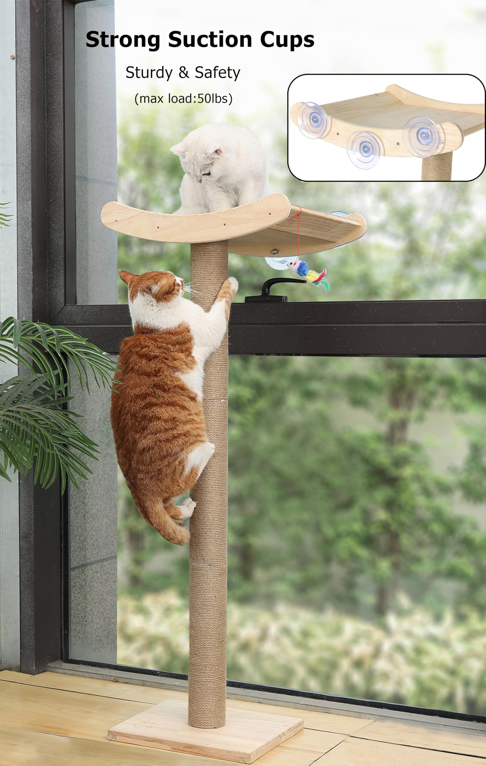 Window Cat Perch With Scratching Posts, 46'' Wood Tree Bed For Maine Coon Big Cats Perching And Lounging, Mounted With 3 Strong