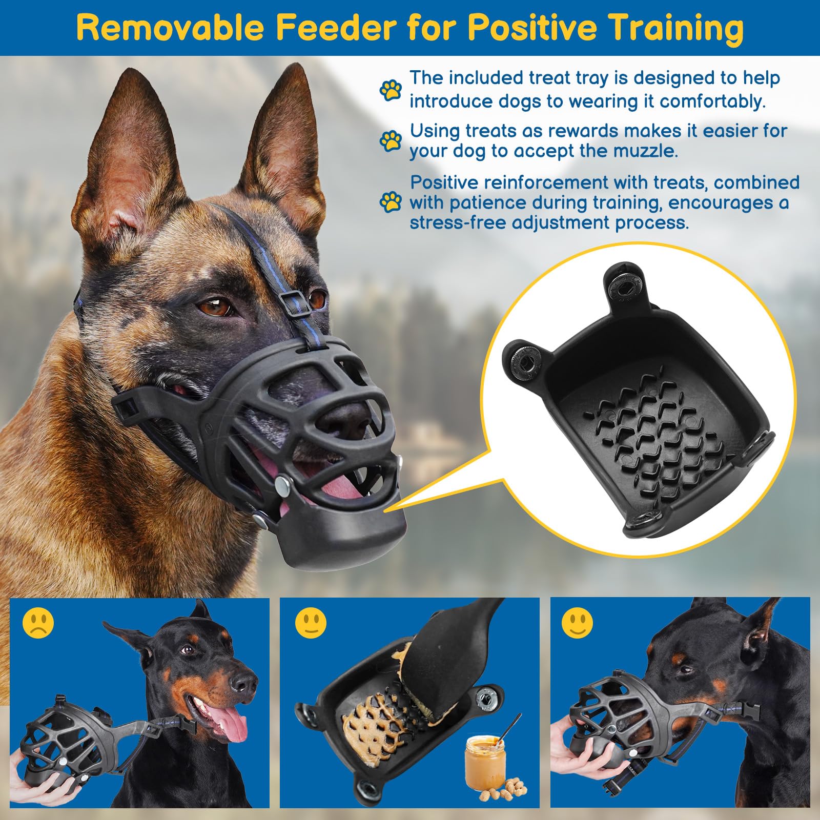 BARKLESS Basket Muzzle for Dogs, Humane Muzzle to Prevent Biting and Scavenging, Snap-on Treat Cover Helps Dogs Acclimatize Mout