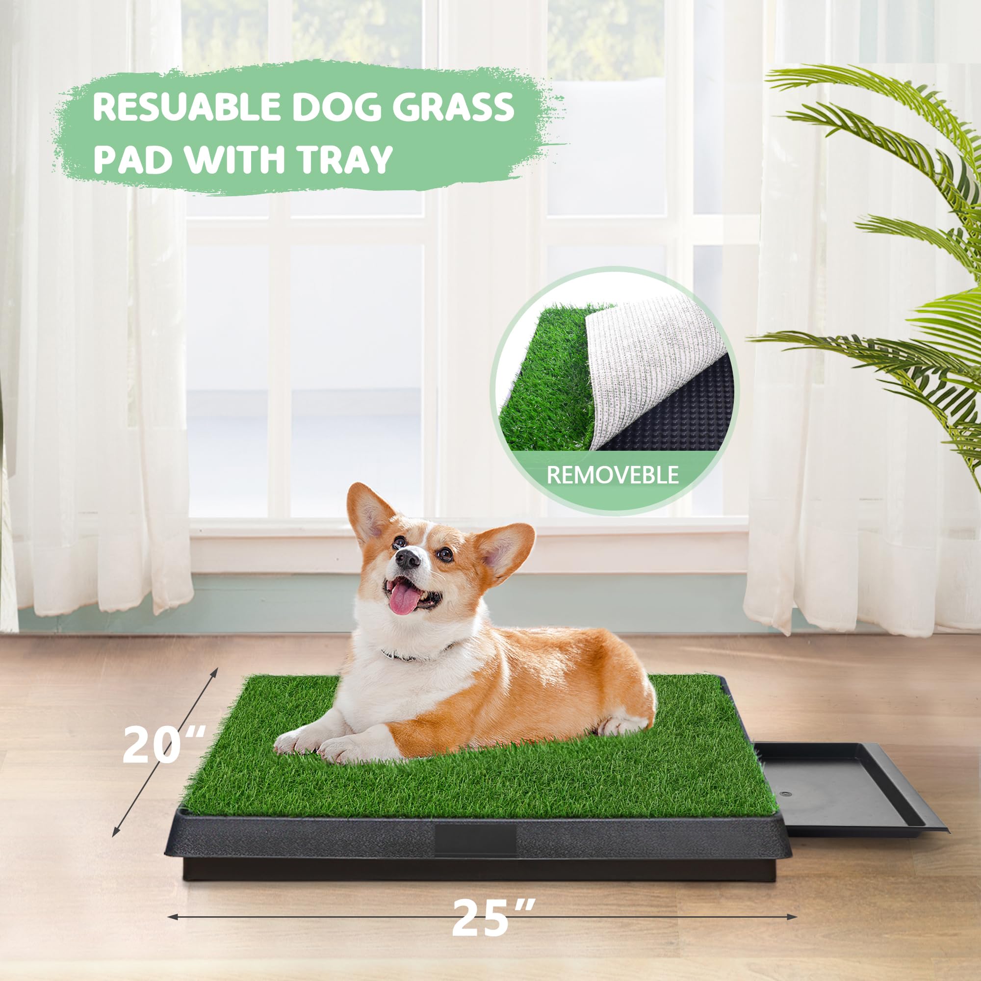 Dog Grass Pad With Tray, 25'' x 20'' Potty for Puppy Training, Reusable Artificial Pee Pad, Indoor/Outdoor Pet Toilet Loo, 3-Lay