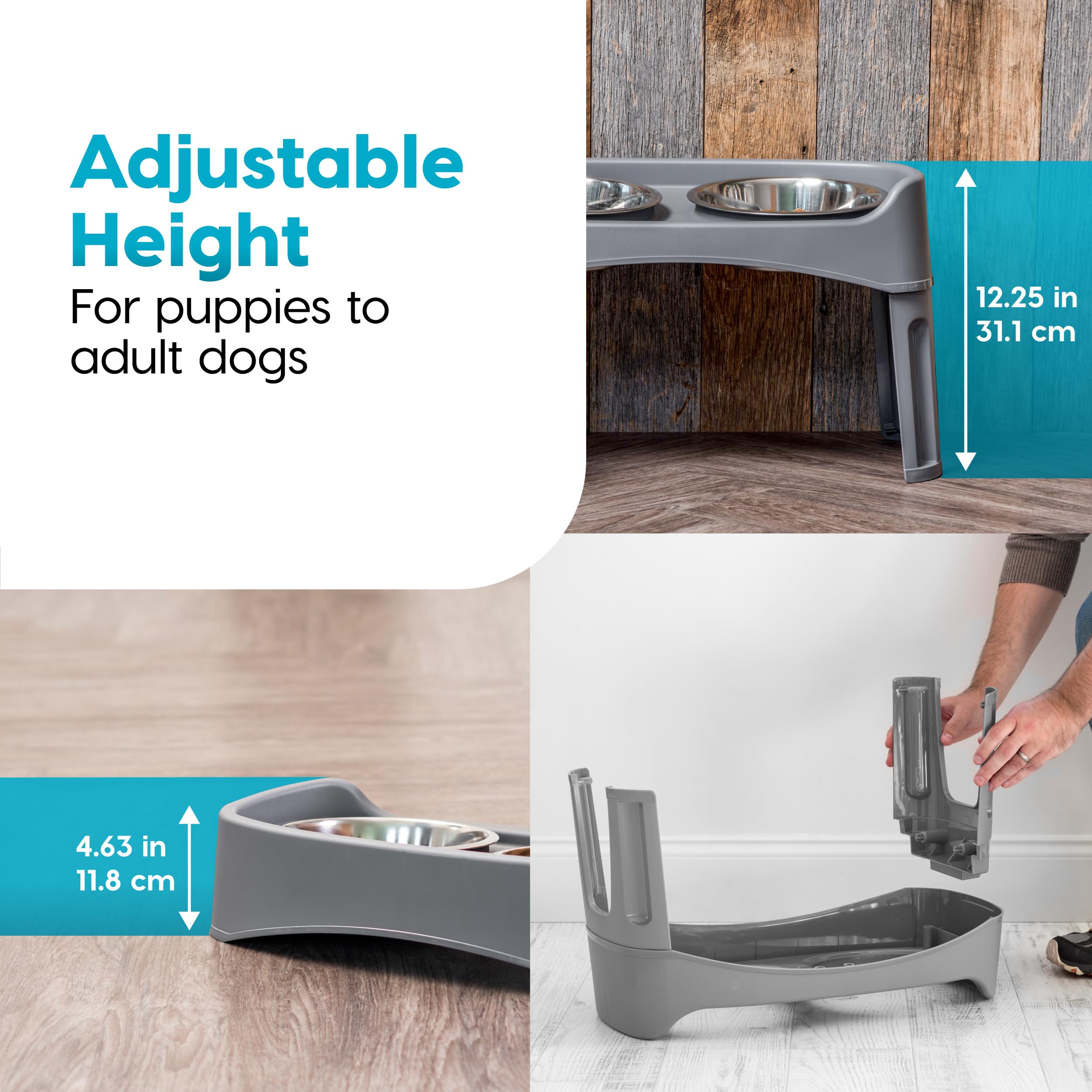 IRIS USA Elevated Dog Bowls, Adjustable Height, 2 Thick 64 oz Stainless Steel Bowls, Spill-Proof with Raised Outer Rim, Durable