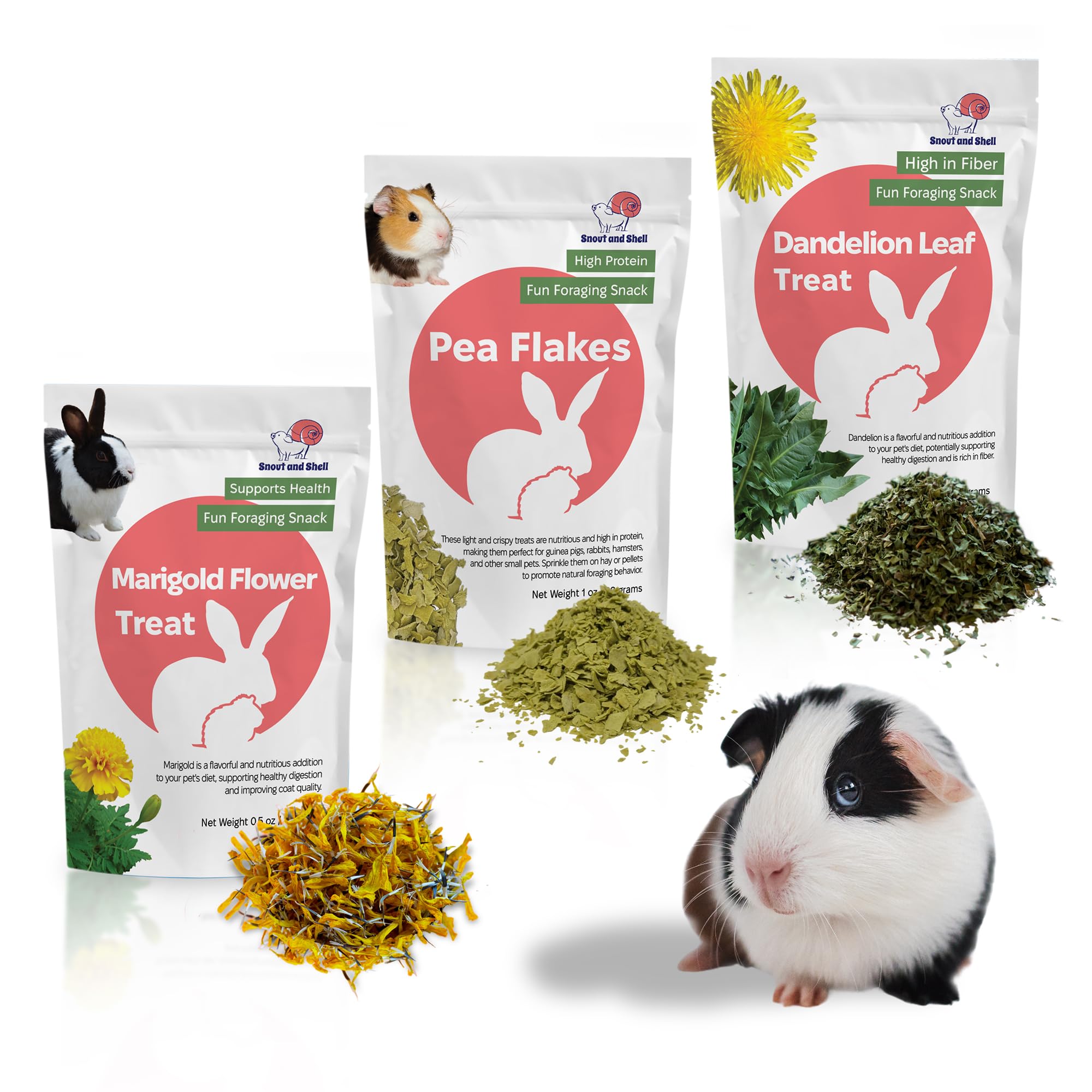 Snout and Shell Small Animal Treats - Pea Flakes, Dandelion Leaf (1oz), Marigold Flowers (0.5oz) - Natural Foraging Snacks for R