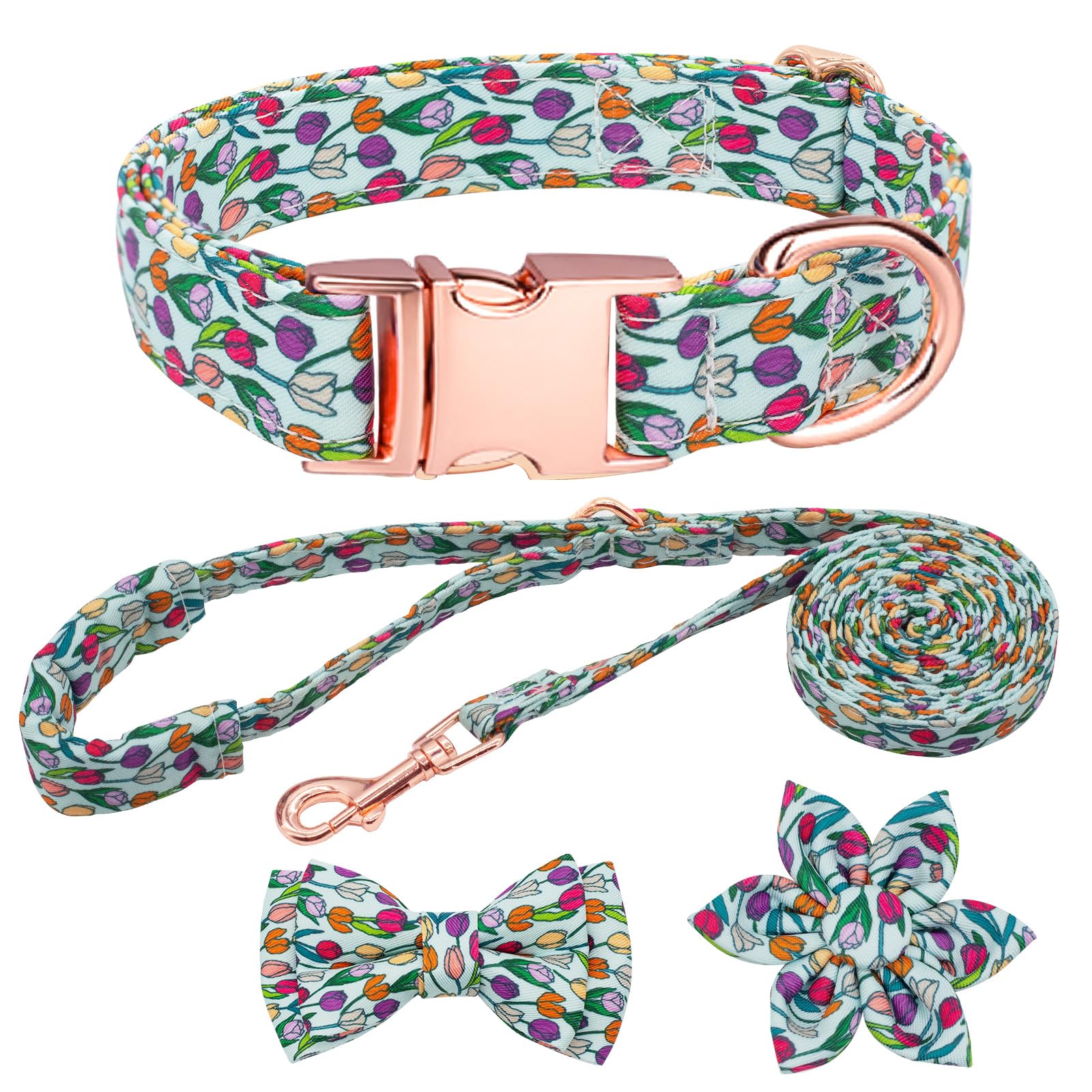 HSIGIO Dog Collar and Leash Set Girls Adjustable Puppy Collars with Floral Bow Tie for Small Medium Large Female Dogs, Tulip, S