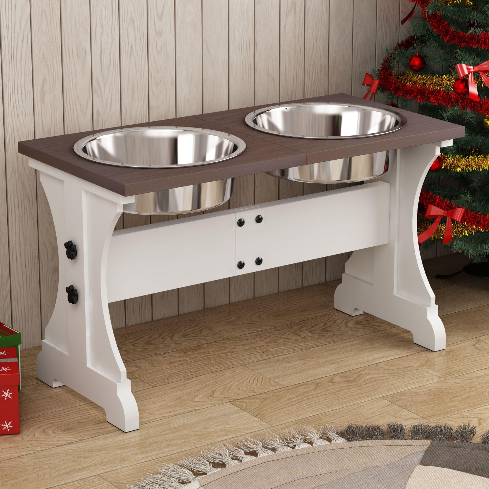 Piskyet Elevated Dog Bowls,Farmhouse Dog Bowls Stand, Raised Dog Bowl with 2 Stainless Steel Wooden Dog Bowls 9 Cups 13.8''H_80