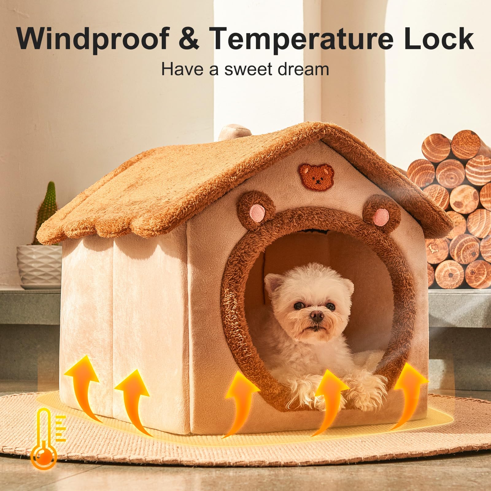 Jiupety Cute Small Dog House Indoor, Foldable Kennel Bed Mat With Cushion, L Size Tent Up to 30 lbs, Cave Bed With Non-Slip Bott