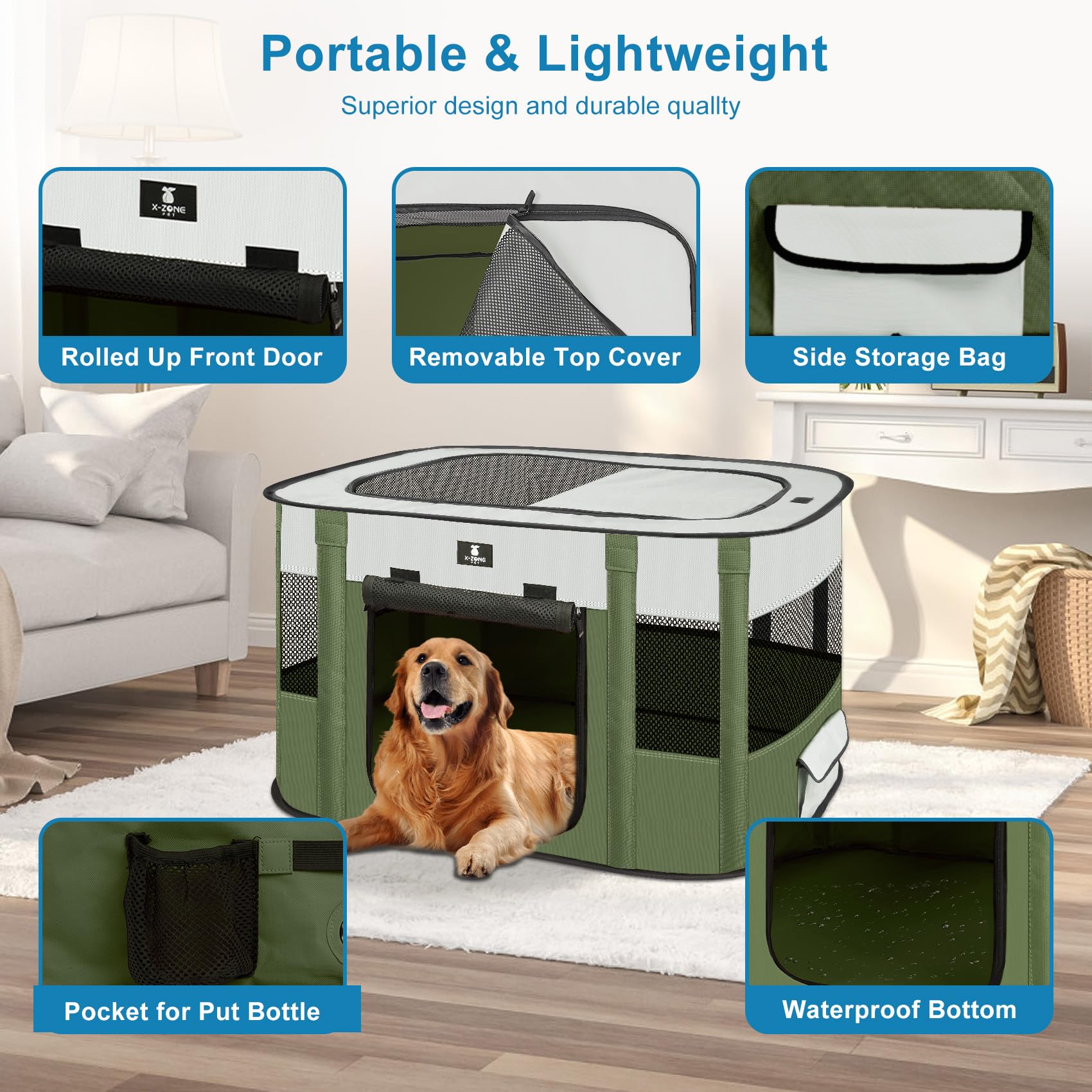 X-ZONE PET Dog Playpen - Portable Foldable Indoor/Outdoor Crate, Medium Size, Green, Model 017-Green-M