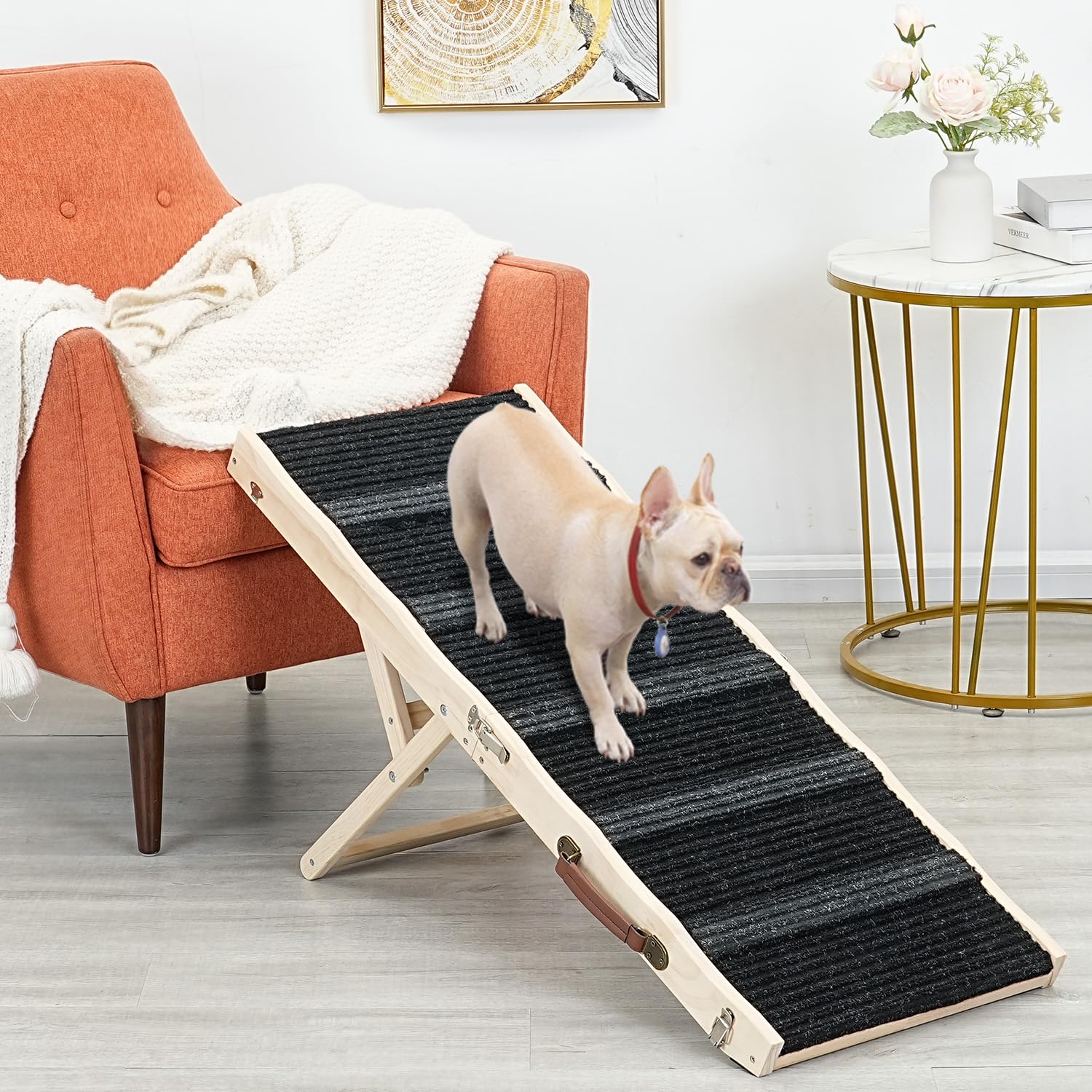 Dog Ramps For Couch - Small To Medium Dogs And Cats Use - Non-Slip, Sturdy Build Foldable Ramp - Wooden Portable Dog Ramp Perfec