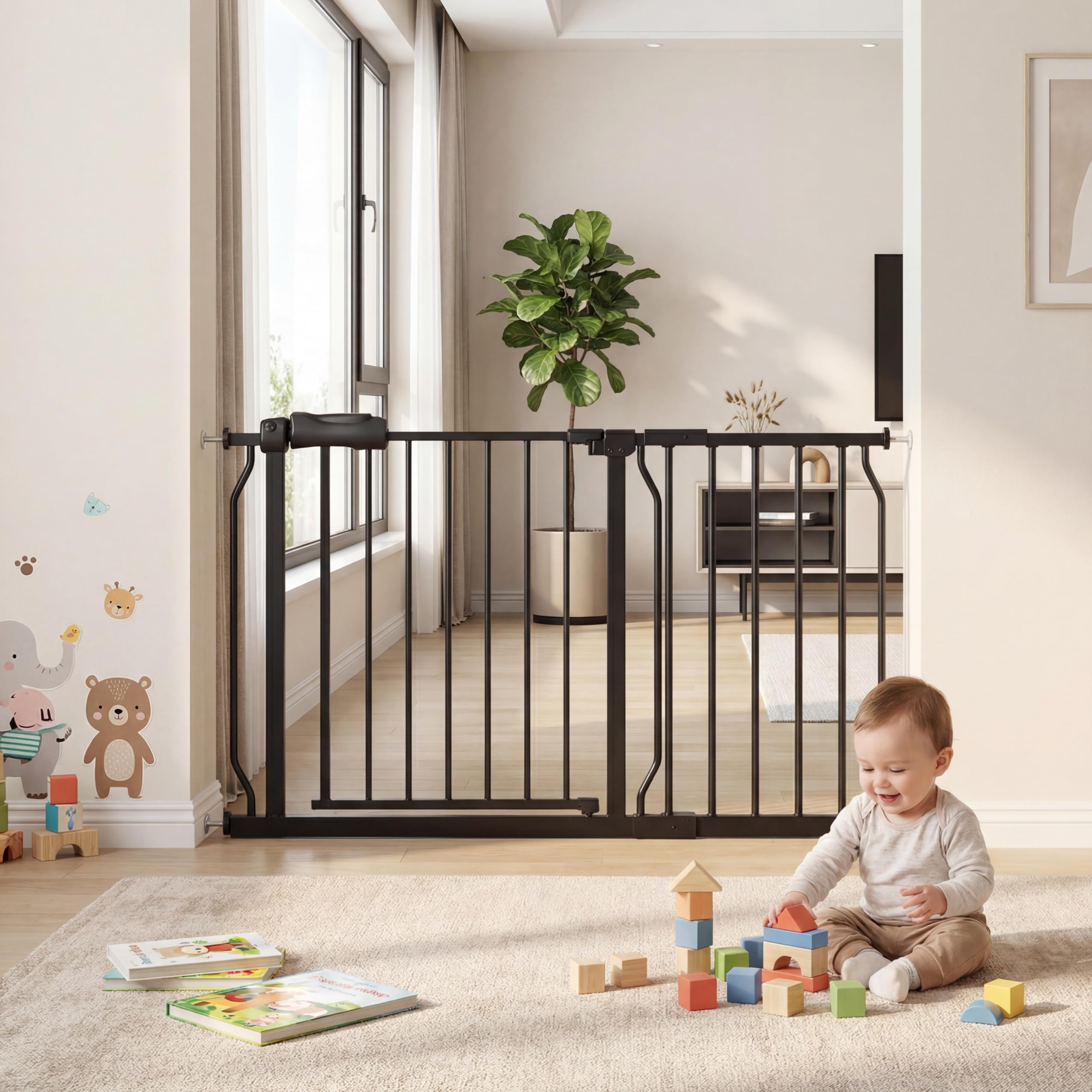 COSEND Extra Wide Pressure Mount Baby Gate Walk Through Auto Close White Metal Child Dog Pet Indoor Safety Gates for Stairs,Door