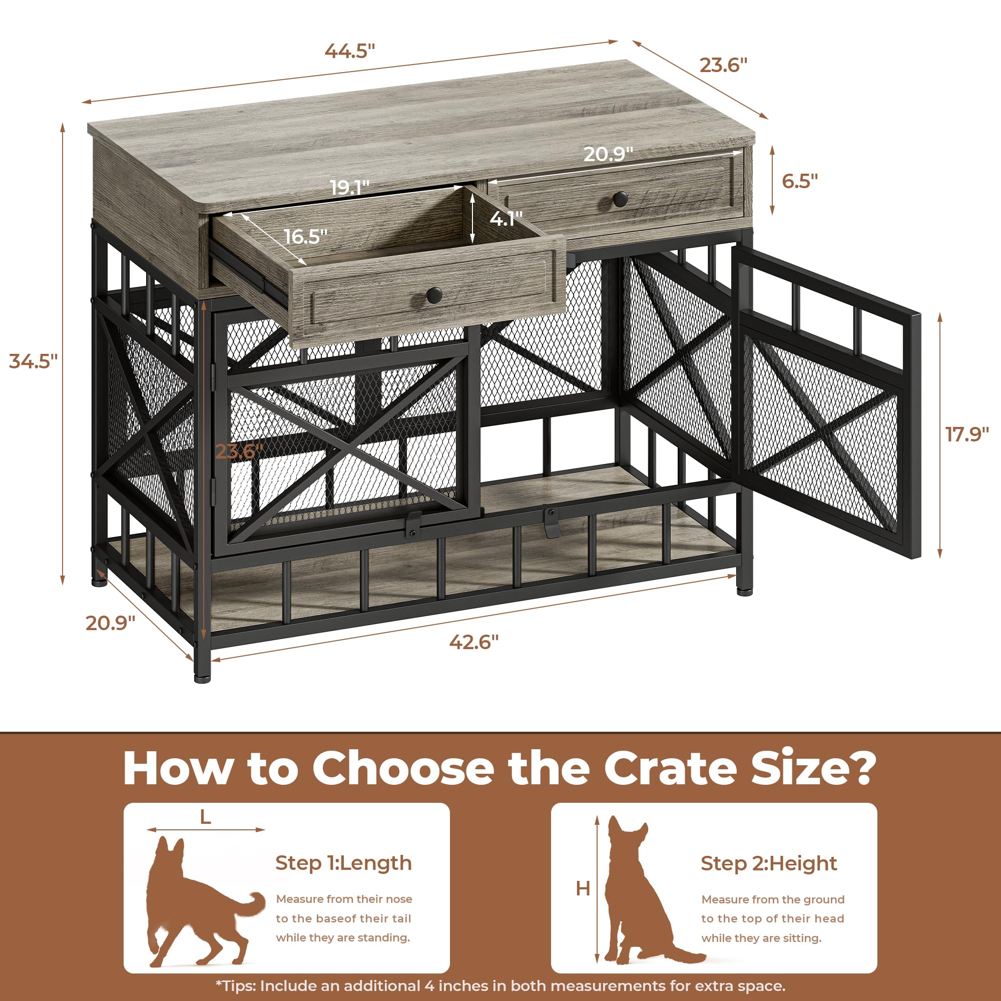 IRONCK 44 inch Large Dog Crate Furniture, Wooden Dog Kennel with Storage Drawers for Medium/Large Dogs, Decorative Dogs Kennel I