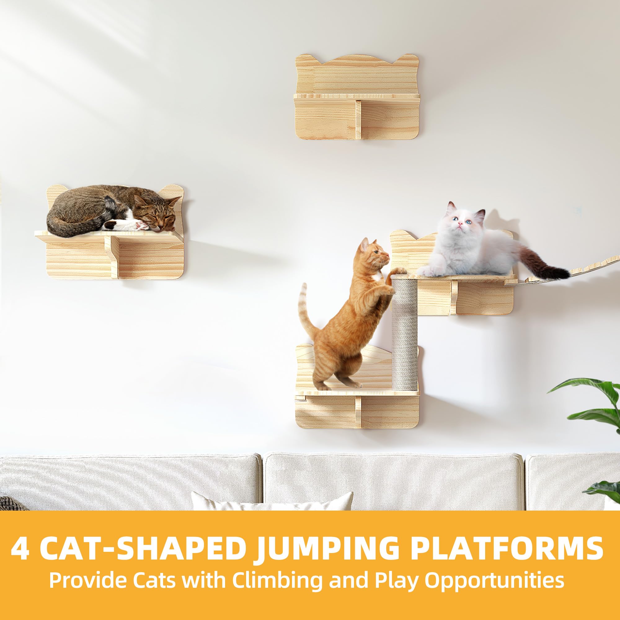 Homiflex Cat Wall Shelves, Cat Wall Furniture Pine Wooden Feline Shelf, 18 Piece Feline Shelves and Perches with Condos, House,