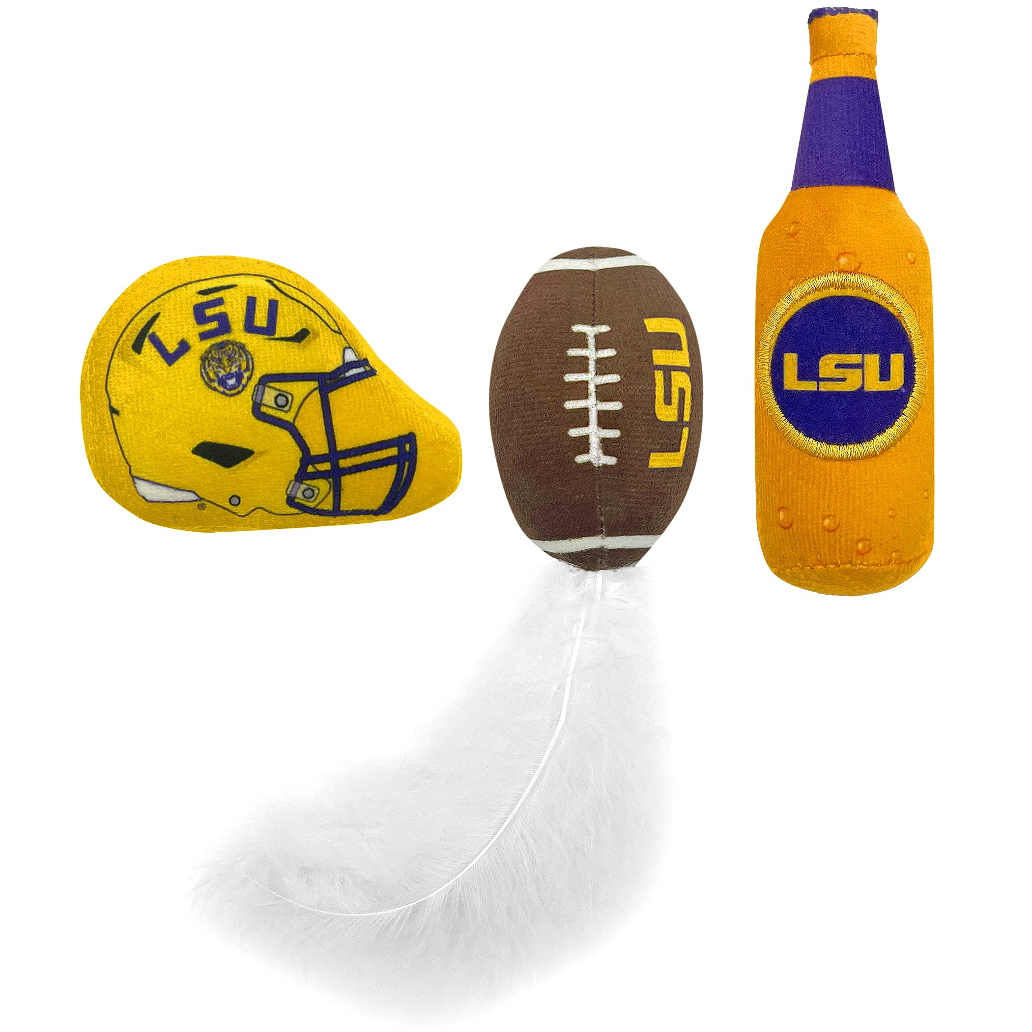 Pets First Best Plush Cat Toy - Ncaa Lsu Complete Set Of 3 Piece Cat Toys Filled With Fresh Catnip. Includes: 1 Helmet Cat Toy,