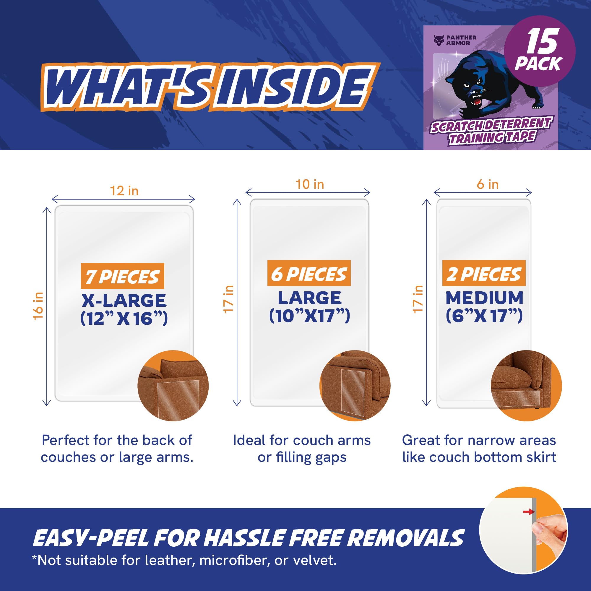 Panther Armor 15-Pack Anti-Cat Scratch Deterrent, Couch Protector From Claws, Training Tapes, Furniture Protector, No Pins For S