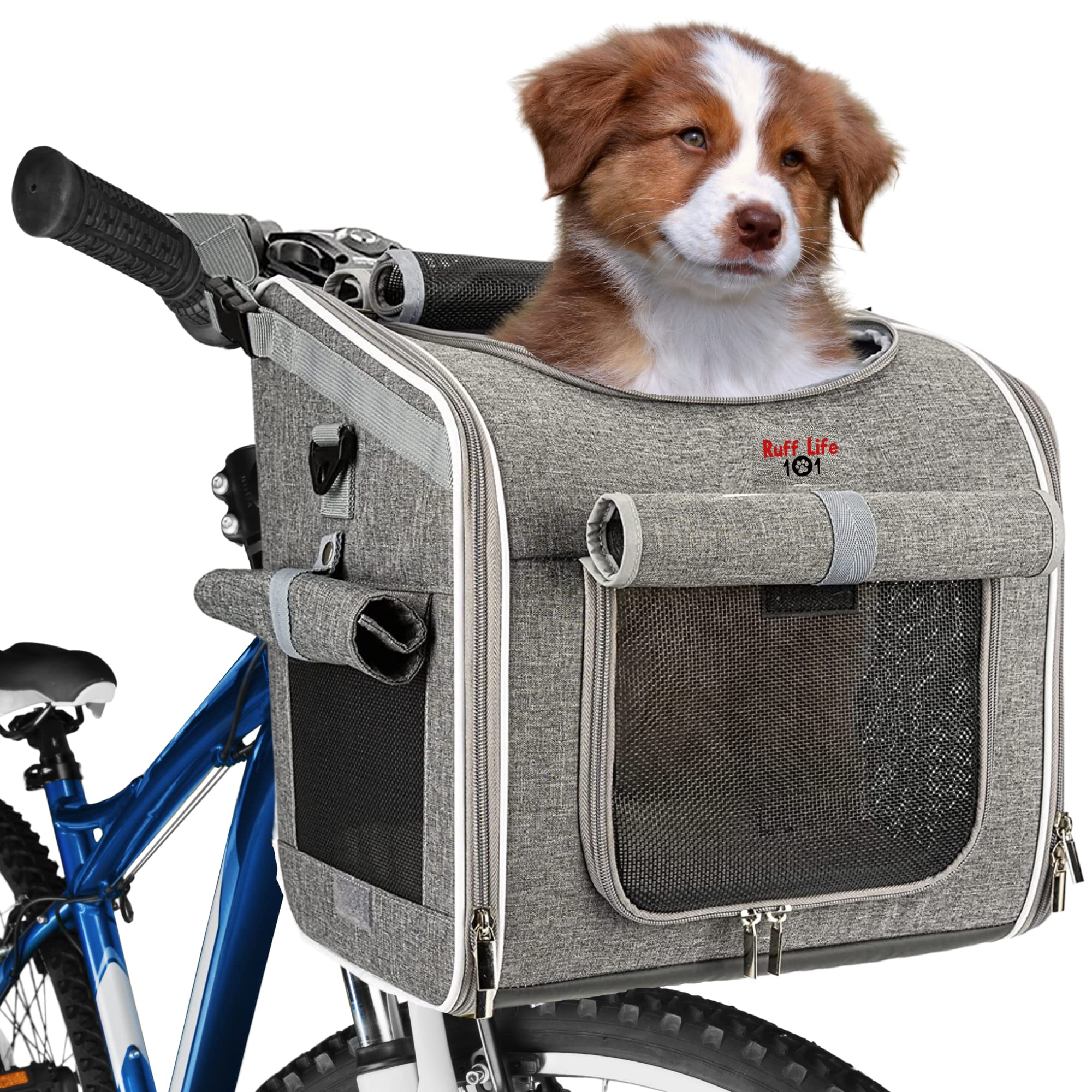 Cozy Cruiser Dog Bike Basket, Expandable Soft-Sided Reflective Pet Carrier Backpack with 4 Open Doors, 4 Mesh Windows for Medium