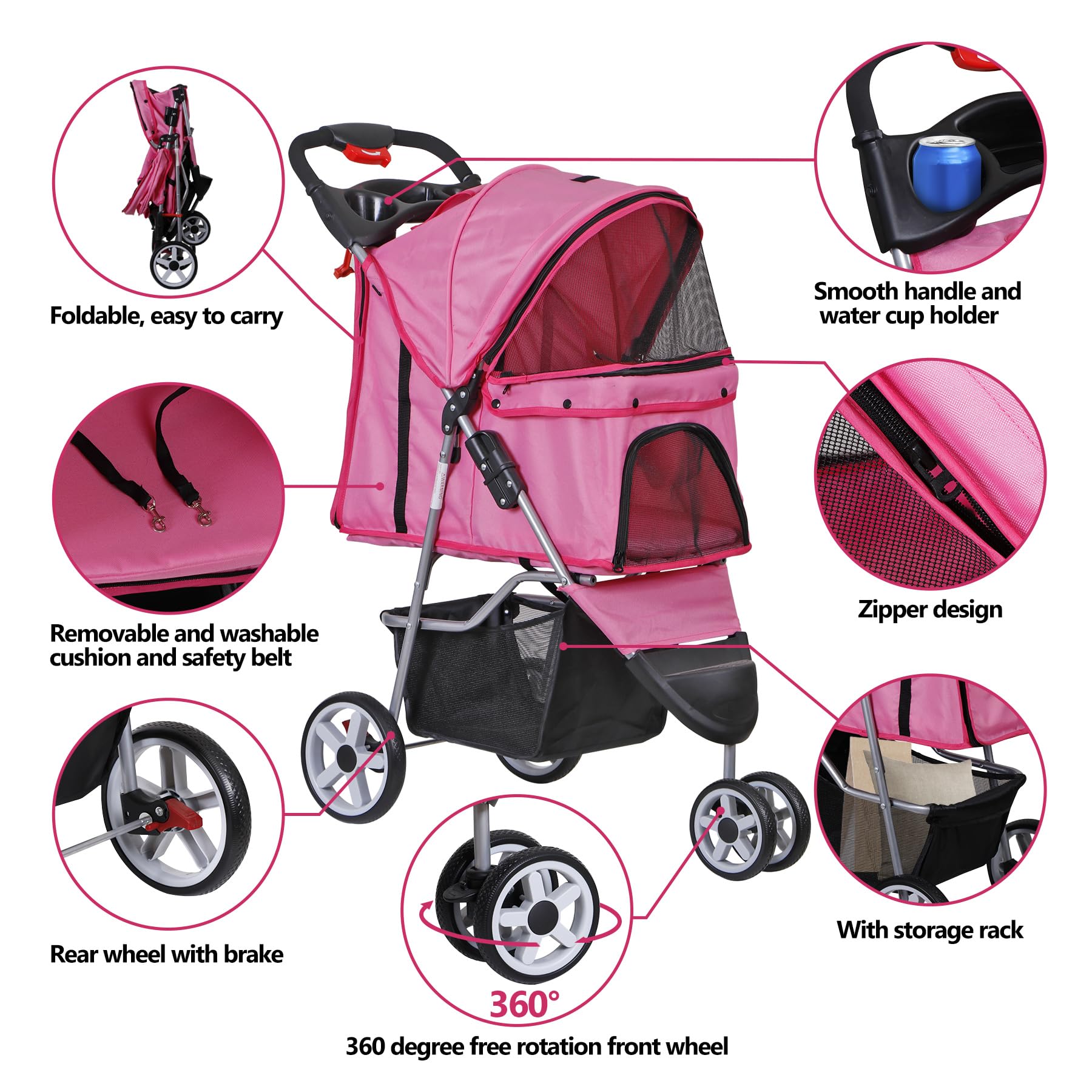 Epetlover 3 Wheels Dog Stroller Folding Pet Strolling Cart For Small Medium Cats Puppies Portable Jogger Travel Camping Puppy Ca